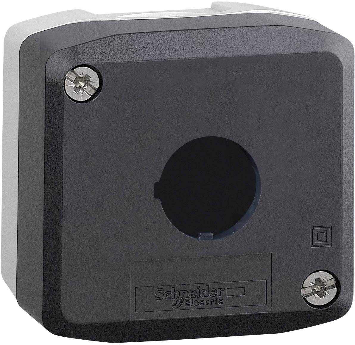 Black and grey enclosure by Schneider Electric with a square shape, two visible screws, and a circular opening in the centre.