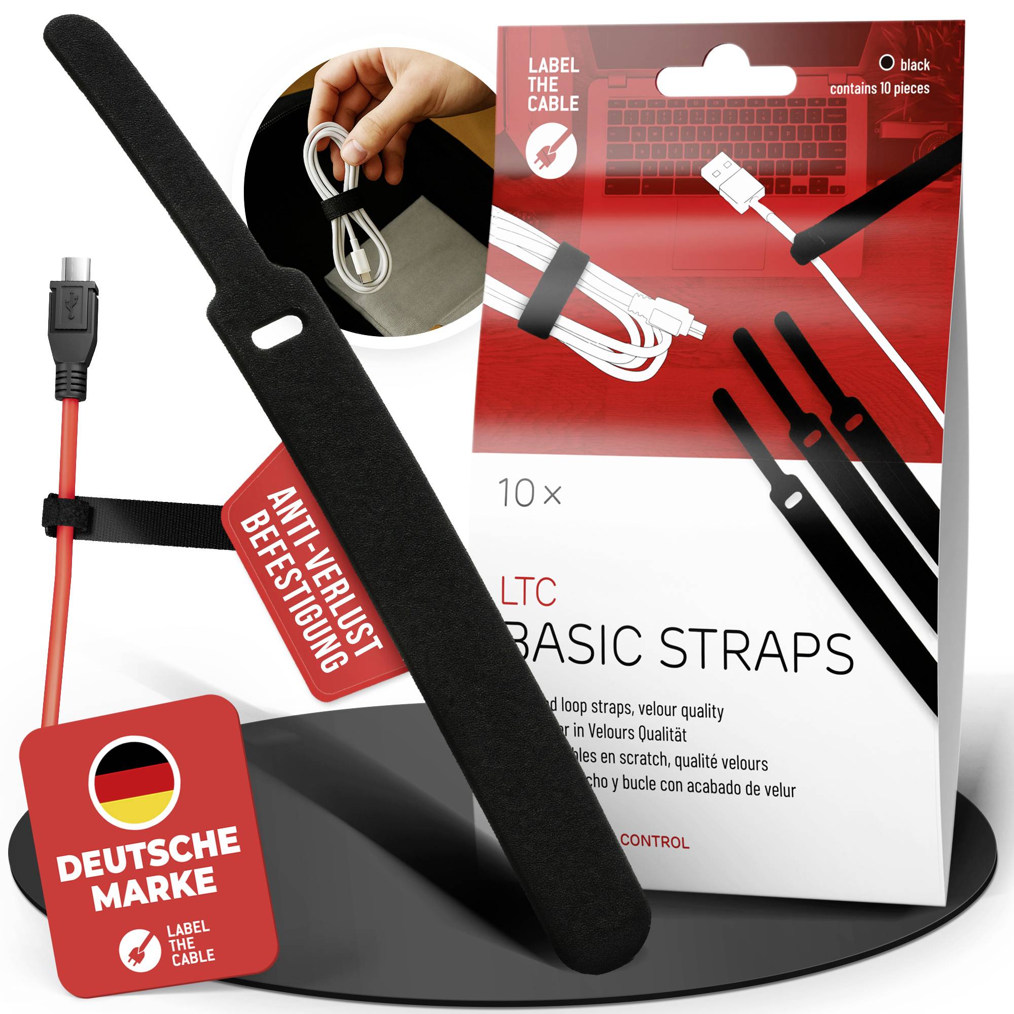 Packaging for 'LTC Basic Straps' label cable ties, showing black reusable straps and a package labeled '10x' and 'DEUTSCHE MARKE'.