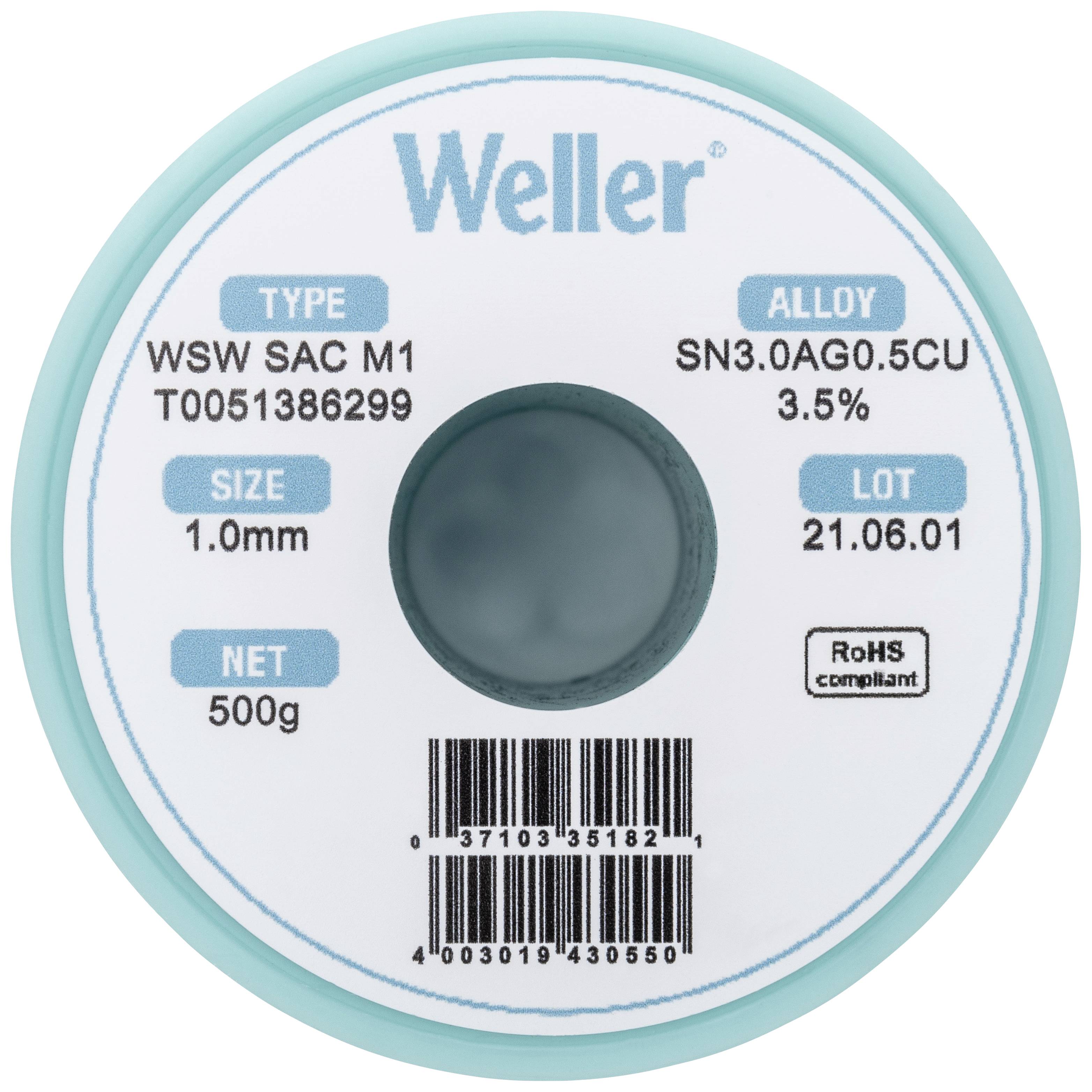 Weller solder wire roll, type WSW SAC M1, diameter 1.0mm, alloy SN3.0AG0.5CU, 500g, RoHS compliant, batch number 21.06.01.