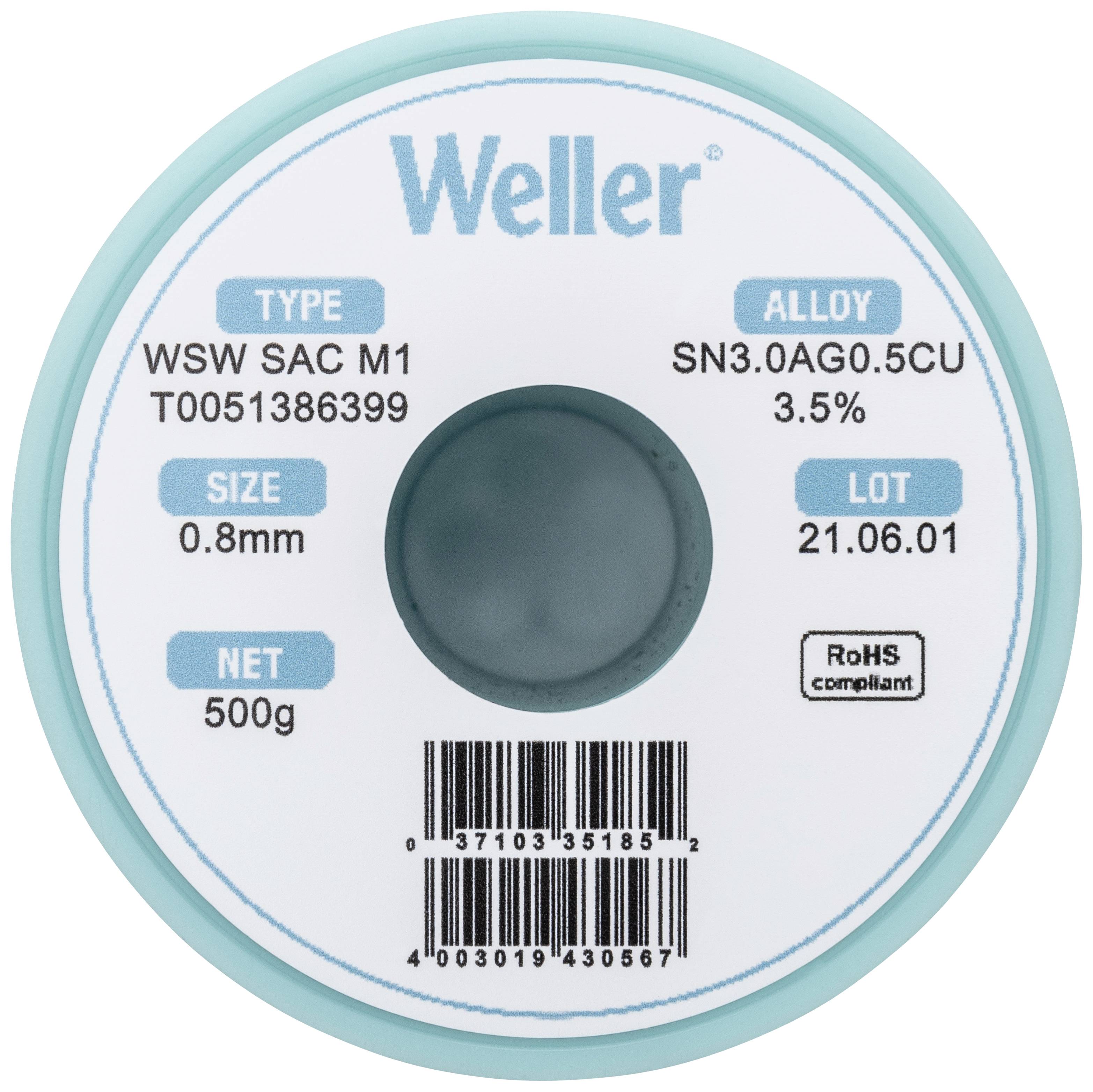 Weller Solder Tin Reel, Type WSW SAC M1, Alloy SN3.0AG0.5CU, Diameter 0.8 mm, Net Weight 500g, RoHS Compliant.