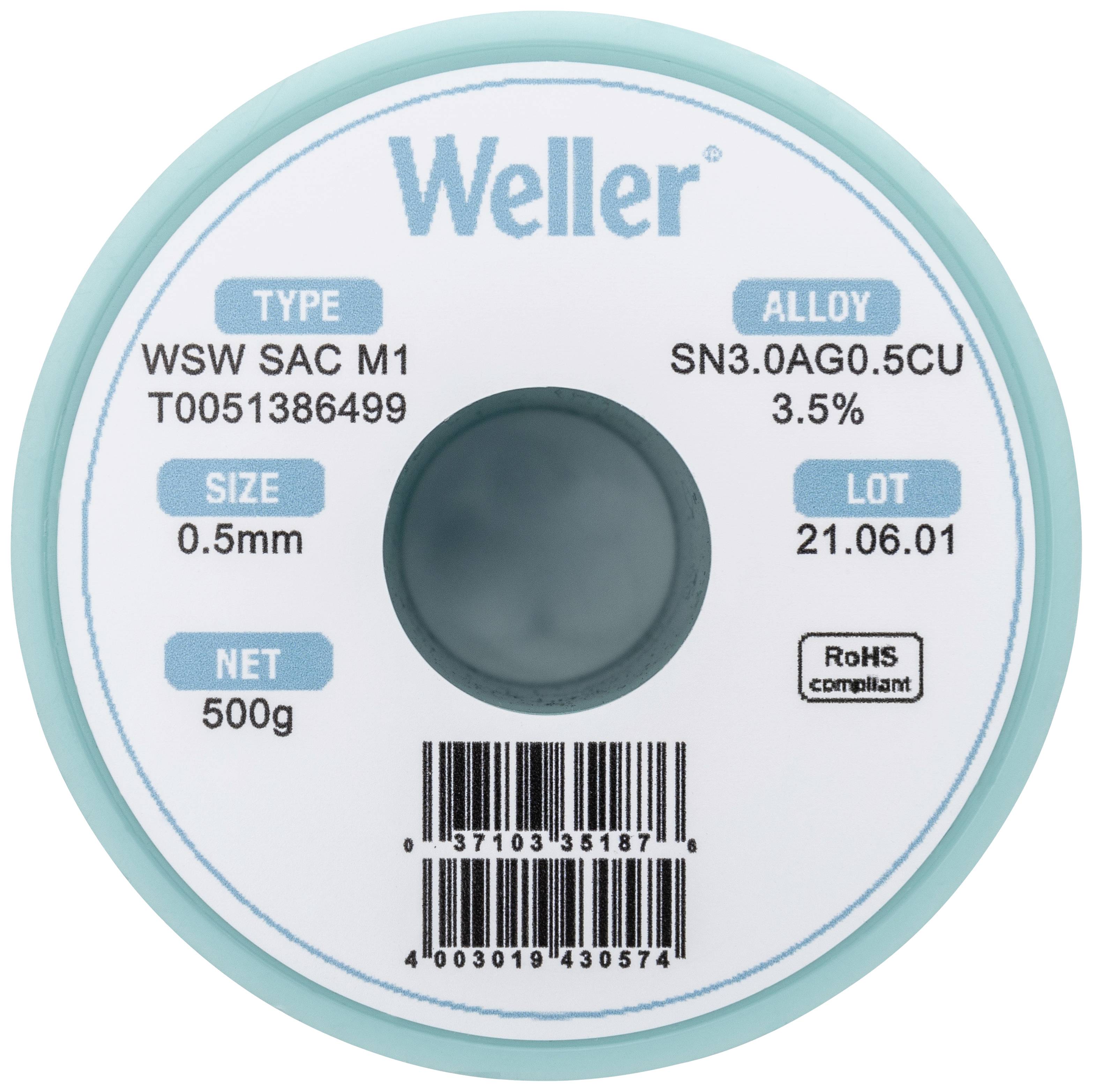 A Weller solder wire reel, type WSW SAC M1 with alloy SN3.0AG0.5CU 3.5%, diameter 0.5 mm, net weight 500 g, batch number 21.06.01.