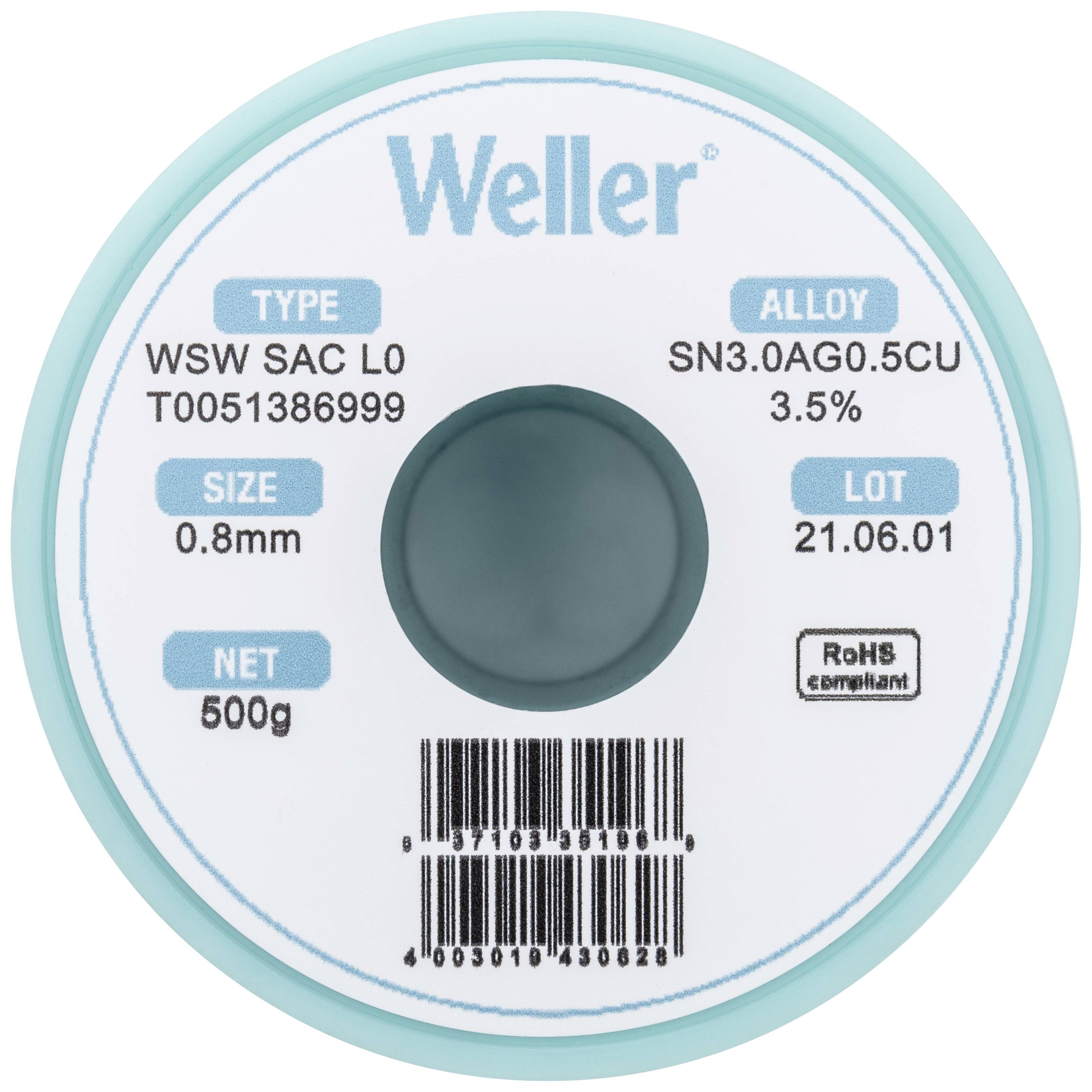 Weller Solder Wire Roll. Type: WSW SAC L0, Alloy: SN3.0AG0.5CU 3.5%, Size: 0.8 mm, Weight: 500 g, Batch: 21.06.01.