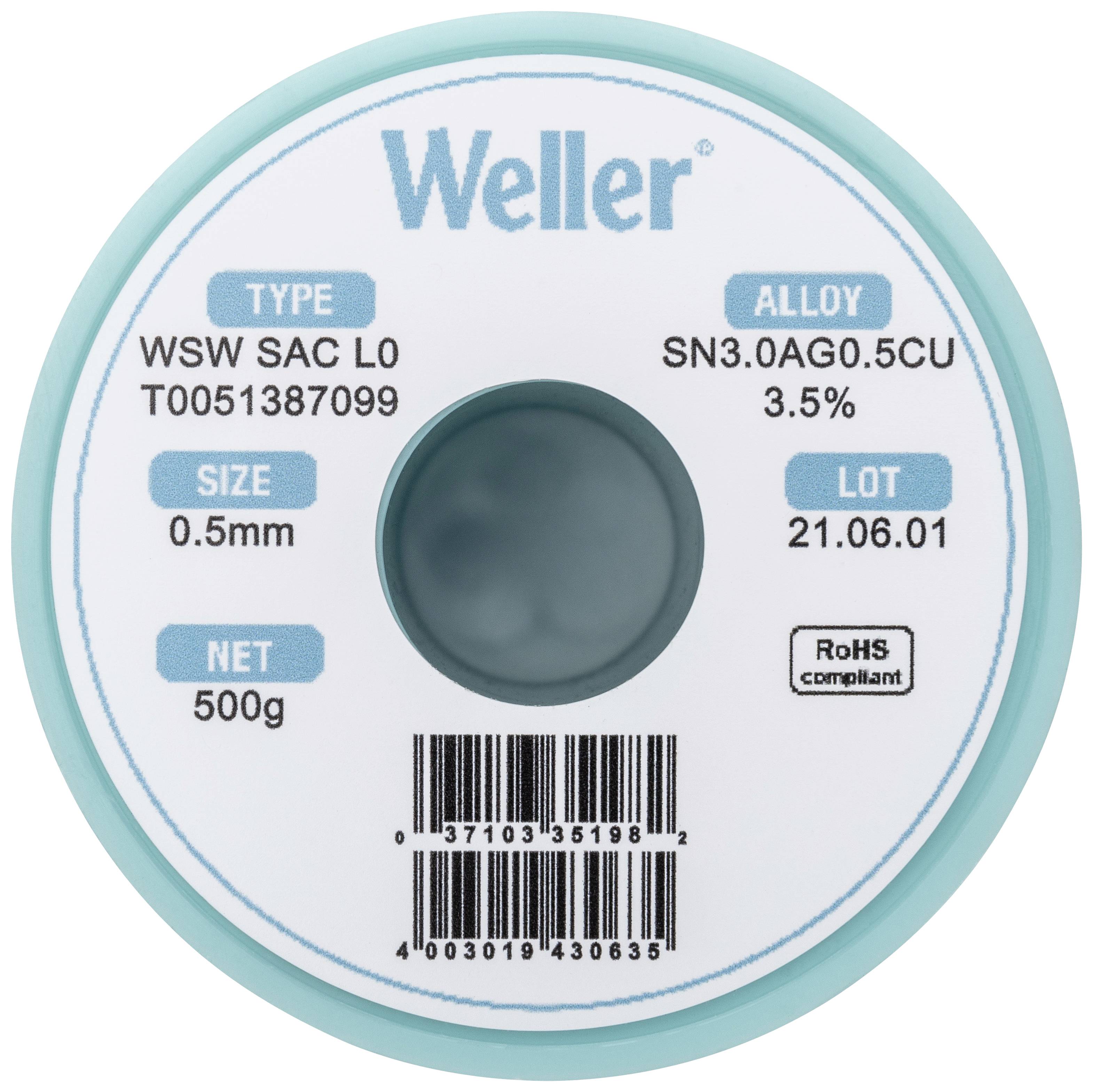 Weller brand soldering tin reel, type WSW SAC LO, with 0.5 mm wire diameter, 500 g net weight. Alloy: SN3.0AG0.5CU, 3.5%.