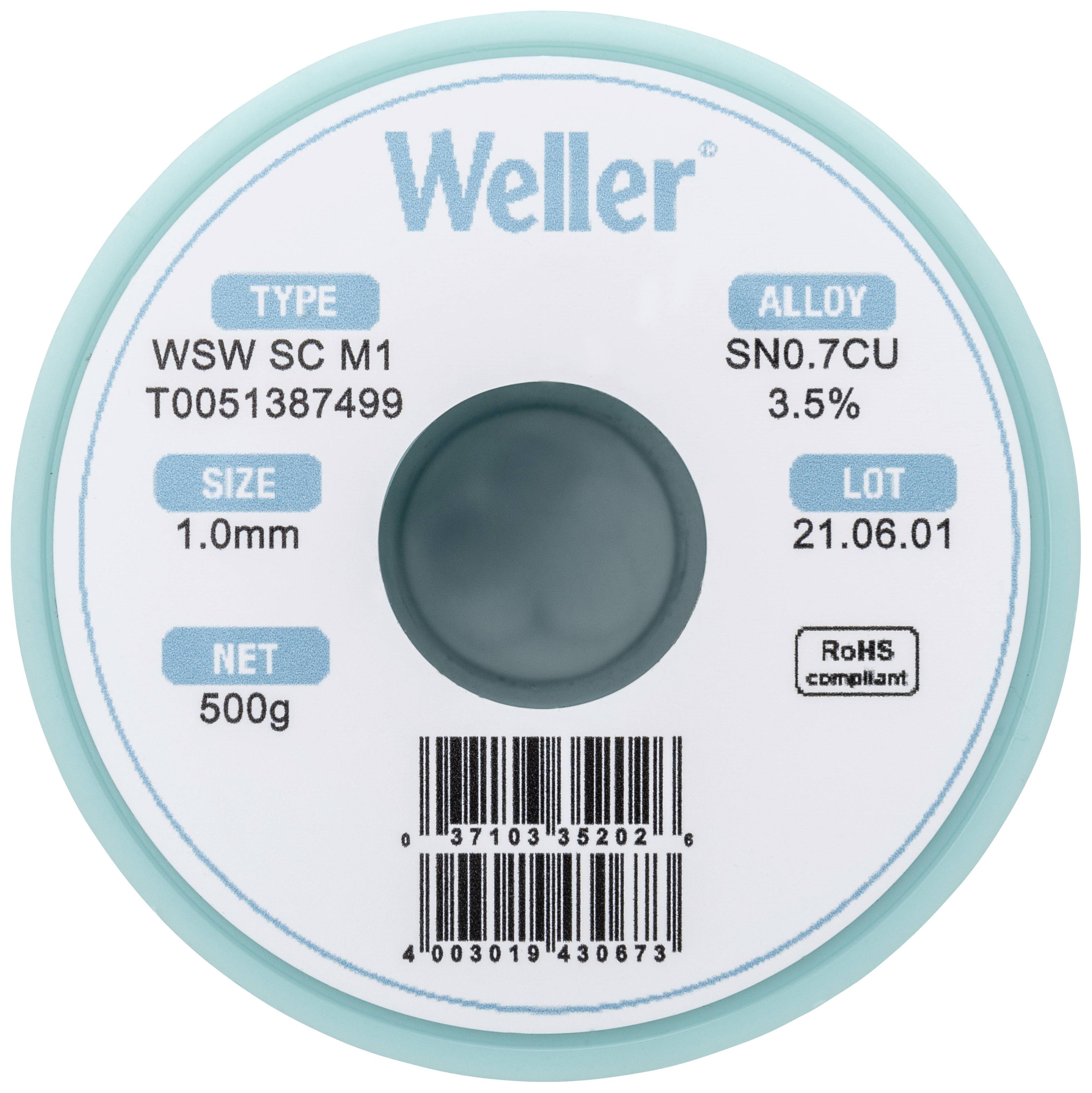 Solder, Type WSW SC M1, 1.0 mm diameter, 500 g net weight, Alloy SN0.7CU, Batch 21.06.01, RoHS compliant, Brand Weller.