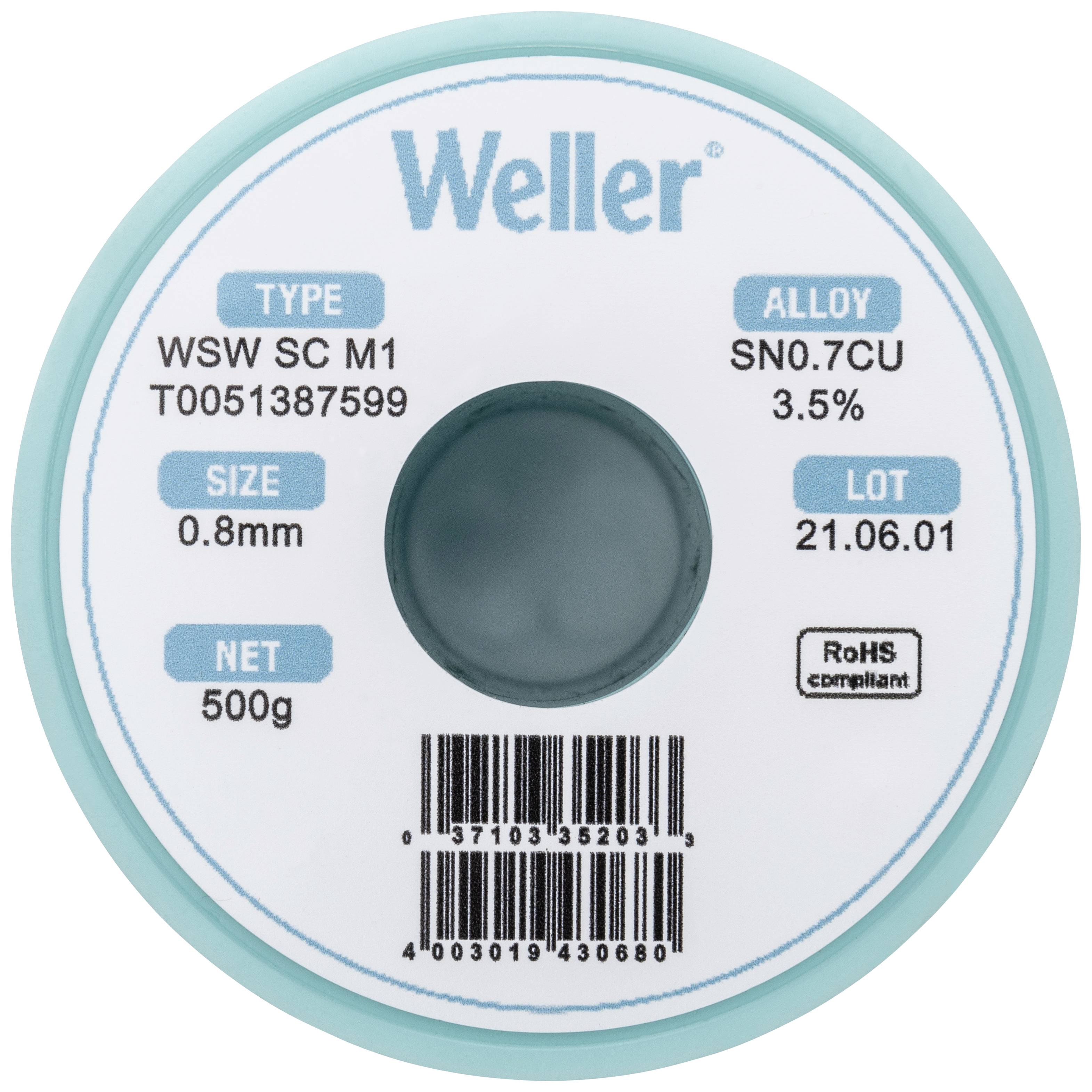 Weller solder wire reel with print: 'TYPE WSW SC M1', size '0.8mm', net weight '500g', alloy 'SN0.7CU', 3.5%, batch number '21.06.01'.