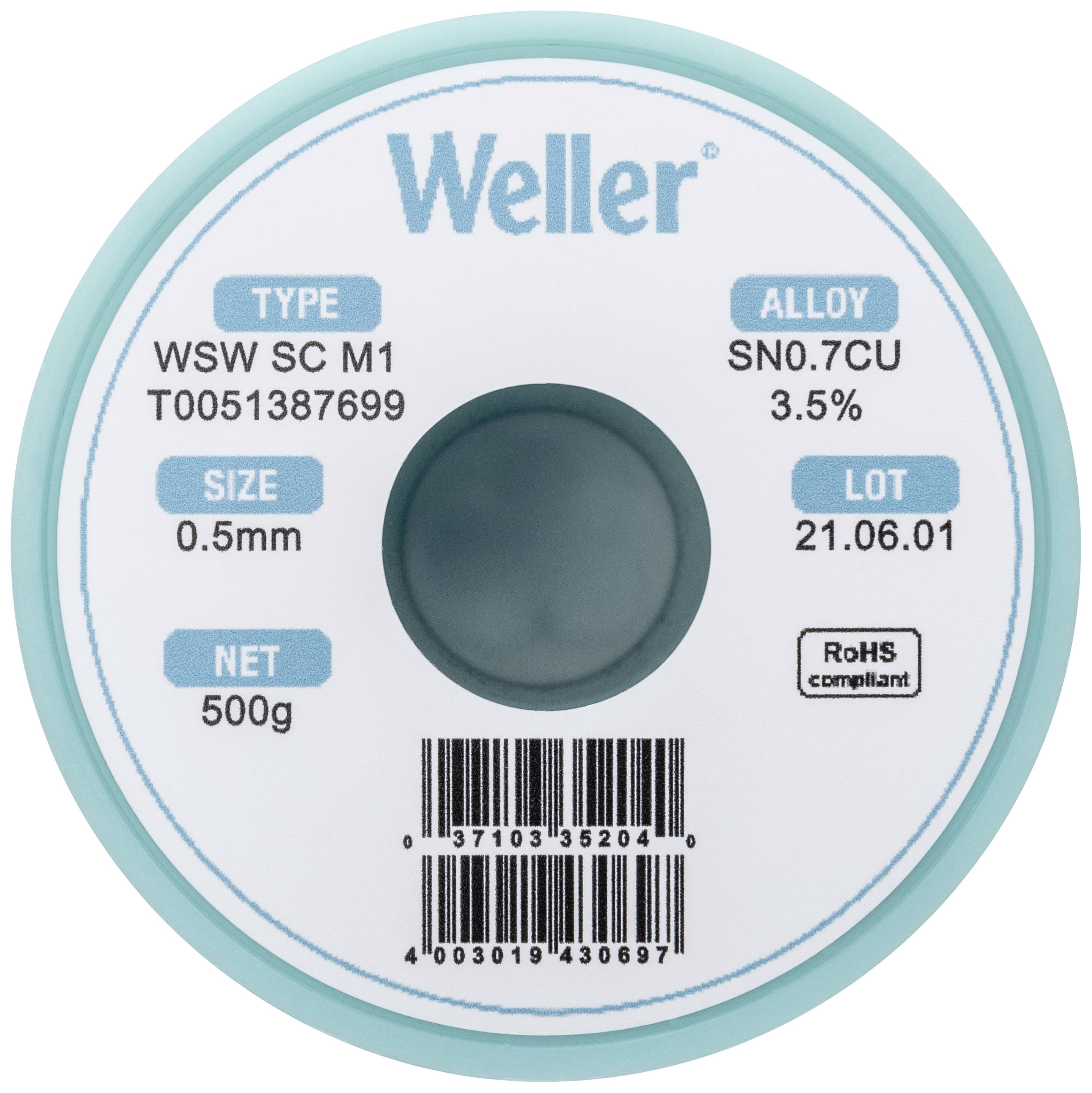 Solder tin coil with inscription: 'Weller', type 'WSW SC M1', alloy 'SN0.7CU 3.5%', size '0.5mm', weight '500g', batch number '21.06.01'.