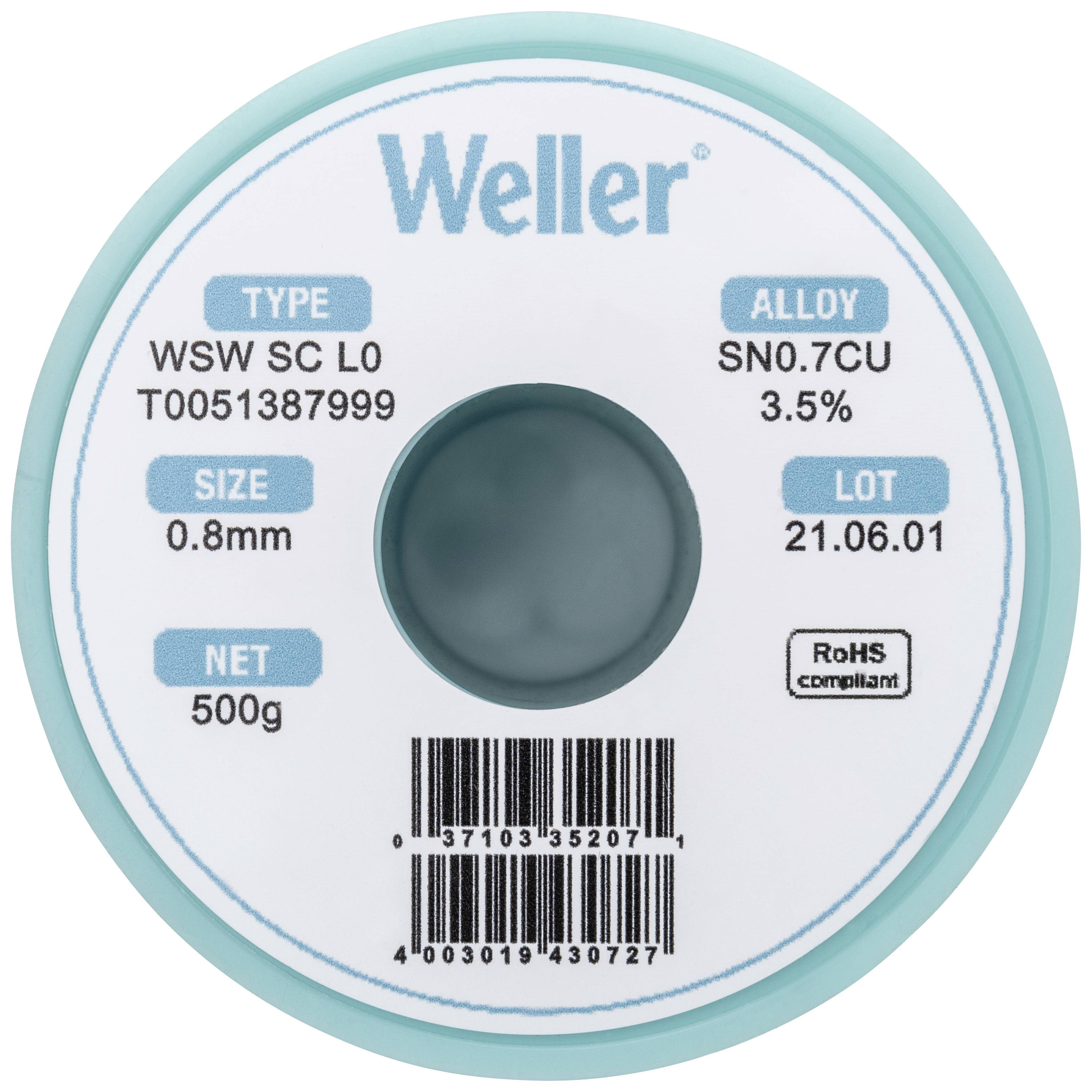 Weller Solder Wire Type WSW SC L0, Alloy SN0.7CU 3.5%, Diameter 0.8mm, Weight 500g, Batch Number 21.06.01, RoHS Compliant.