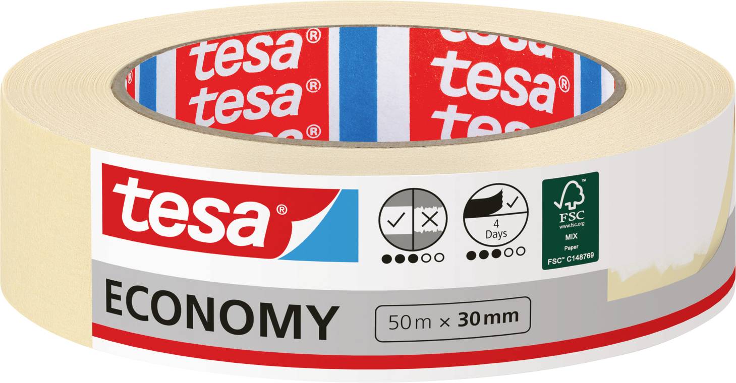 A roll of Tesa Economy masking tape, 50m x 30mm, showing brand logo and eco-friendly certification on the packaging.