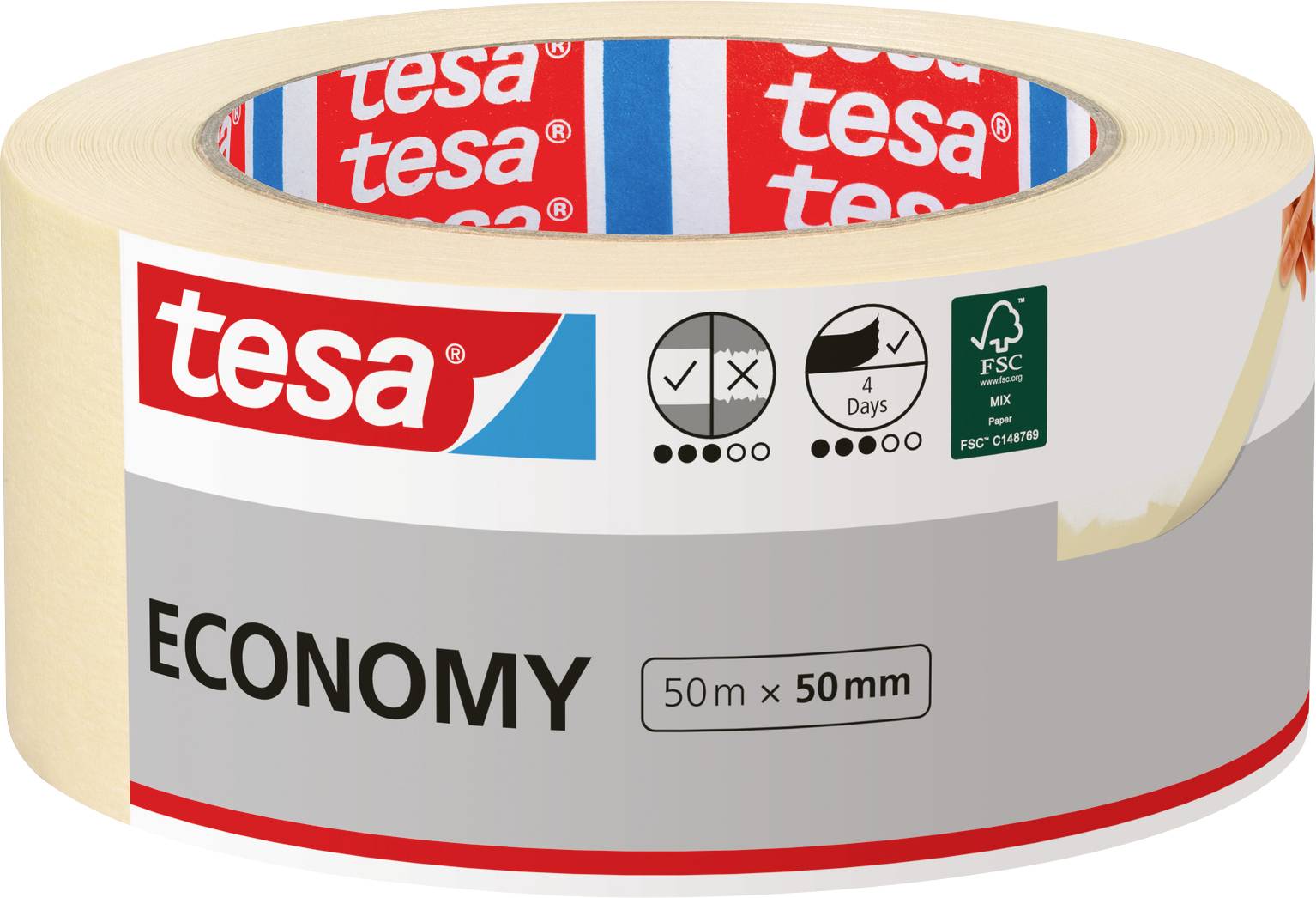 A roll of 'tesa Economy' tape showing dimensions 50m x 50mm. Packaging highlights a four-day hold strength and FSC certification.