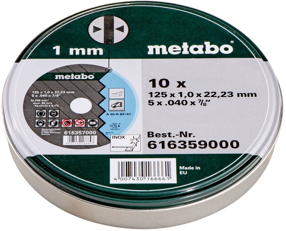 Metabo 1 mm cutting disc pack labeled 10 x 125 x 1.0 x 22.23 mm, Best-Nr. 616359000, in metal tin