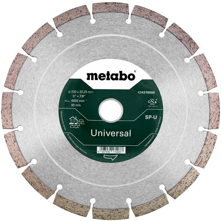 Metabo universal diamond saw blade with segmented rim and center label, shown front view on white background.