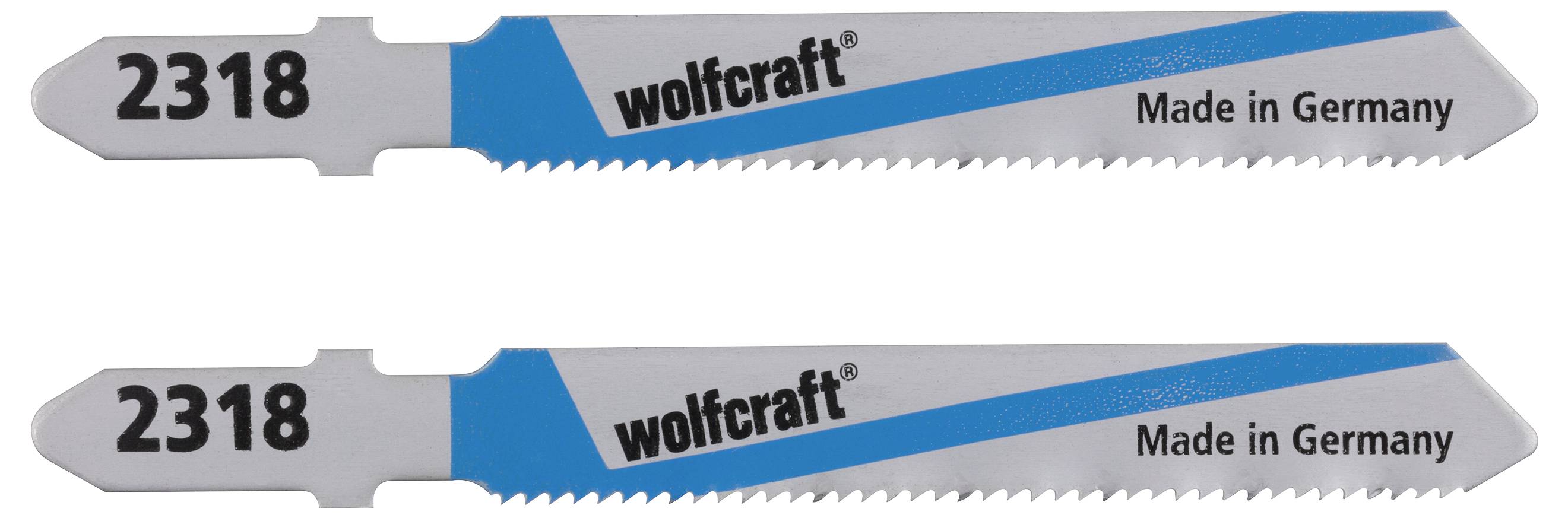 Two jigsaw blades by 'wolfcraft', model number 2318, labelled 'Made in Germany'.