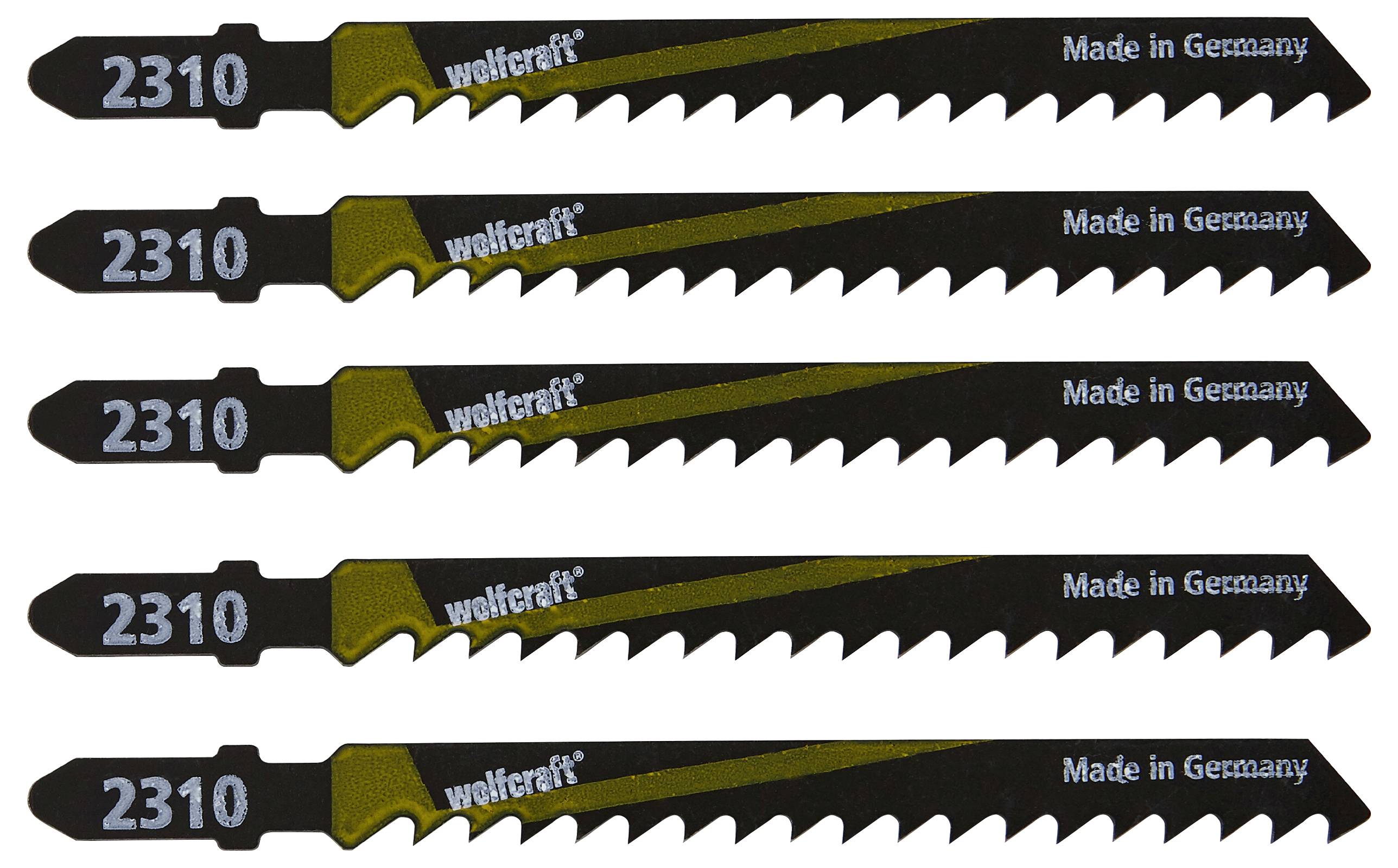 Five identical jigsaw blades, black with a golden tip, 'wolfcraft' brand, model number 2310, printed with 'Made in Germany'.