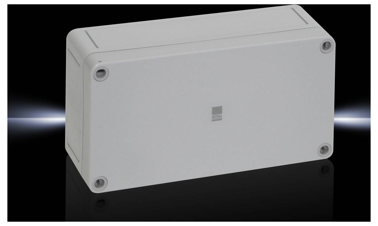 Plastic enclosure in a rectangular shape, suitable for protecting electrical connections, against a black background.