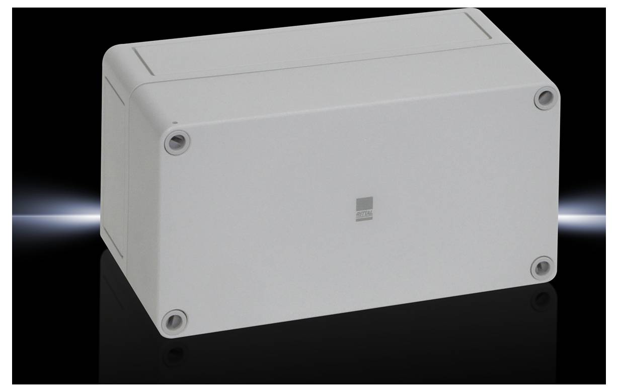 Grey, rectangular enclosure with rounded corners and four screws at the corners, against a black background.