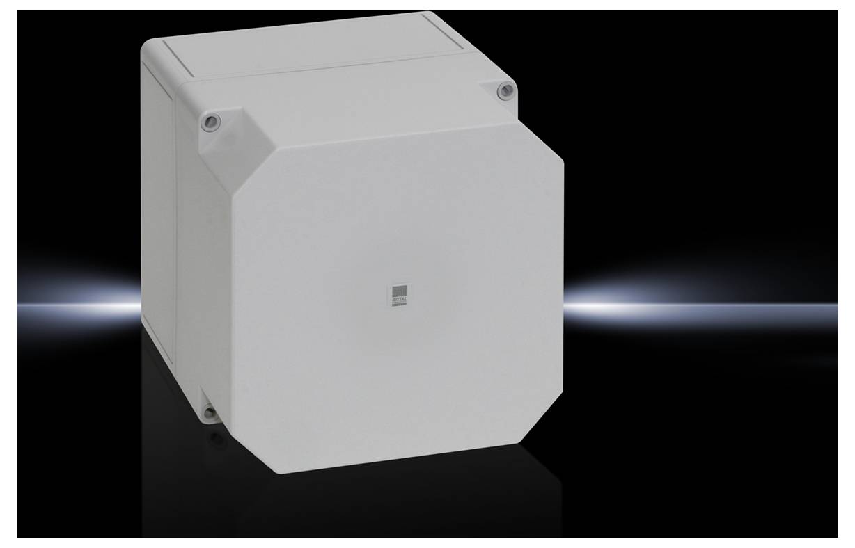 Grey, hexagonal enclosure with screws at the corners against a black background with a light glow in the centre.