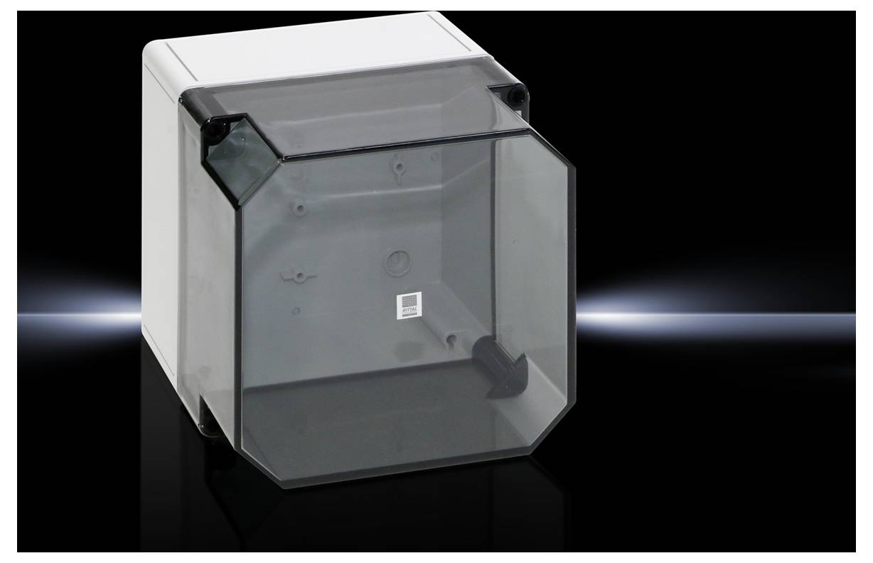 A translucent, grey-tinted enclosure box with a black border on a black background. Suitable for electronic devices.