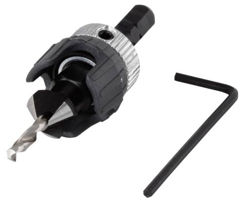 Drill with attachment and hexagonal key for woodworking or metalworking on a white background. Suitable for precise work.