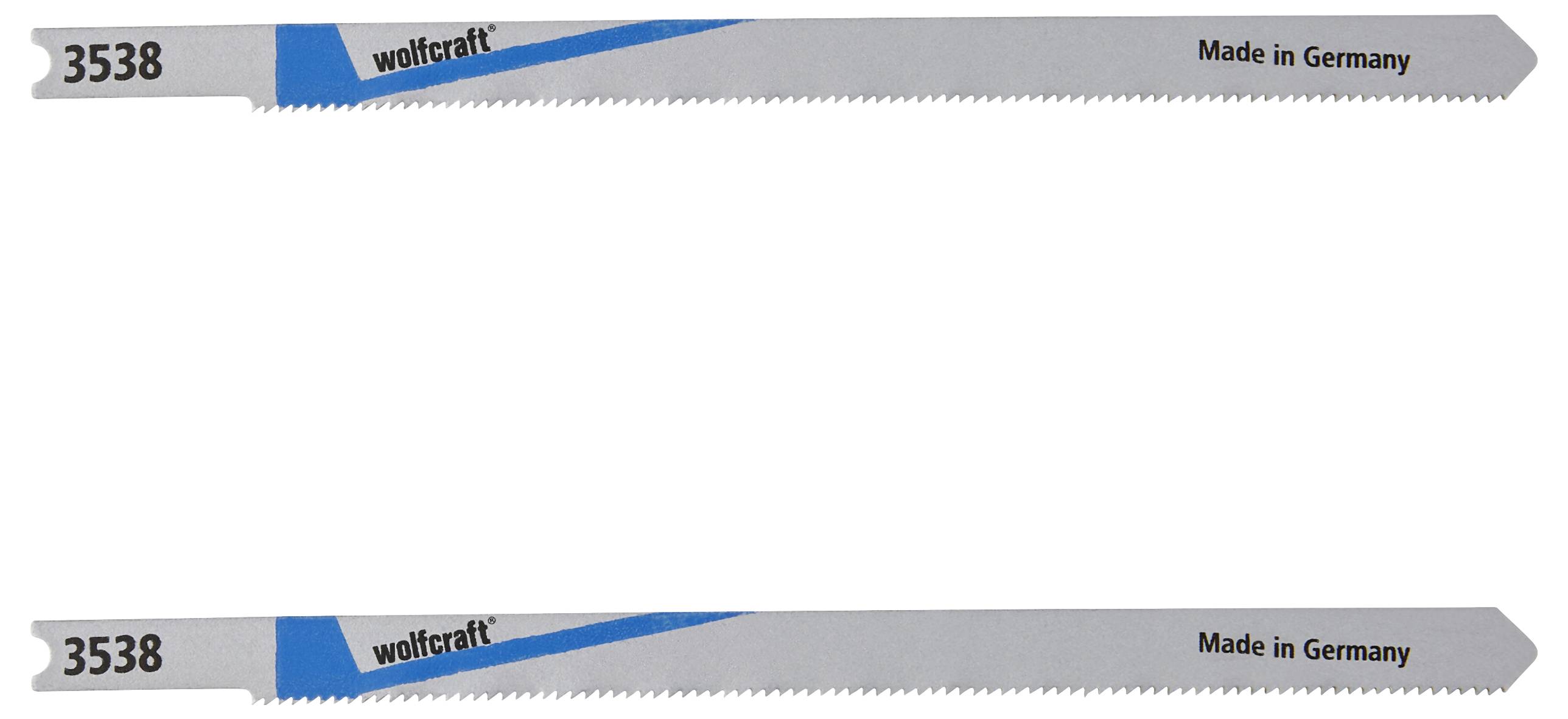 Two grey saw blades with 'wolfcraft' and 'Made in Germany' inscription.