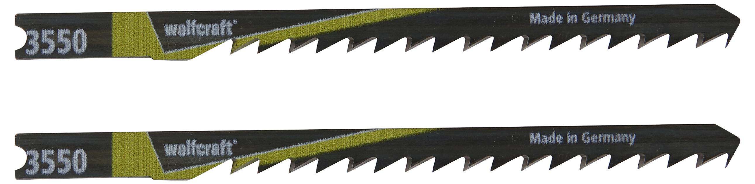 Two black Wolfcraft saw blades, model number 3550, with a yellow accent and inscription 'Made in Germany'.