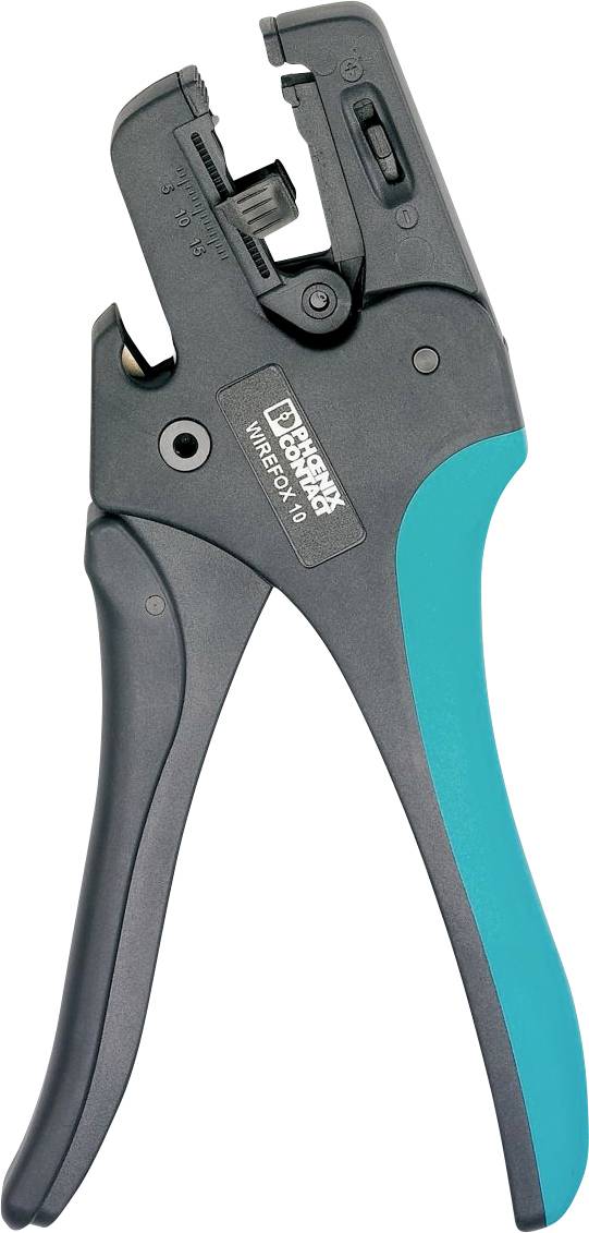 'Phoenix Contact Wirefox 10' cable stripping tool with black and teal handle, designed for precise stripping of electrical wires.
