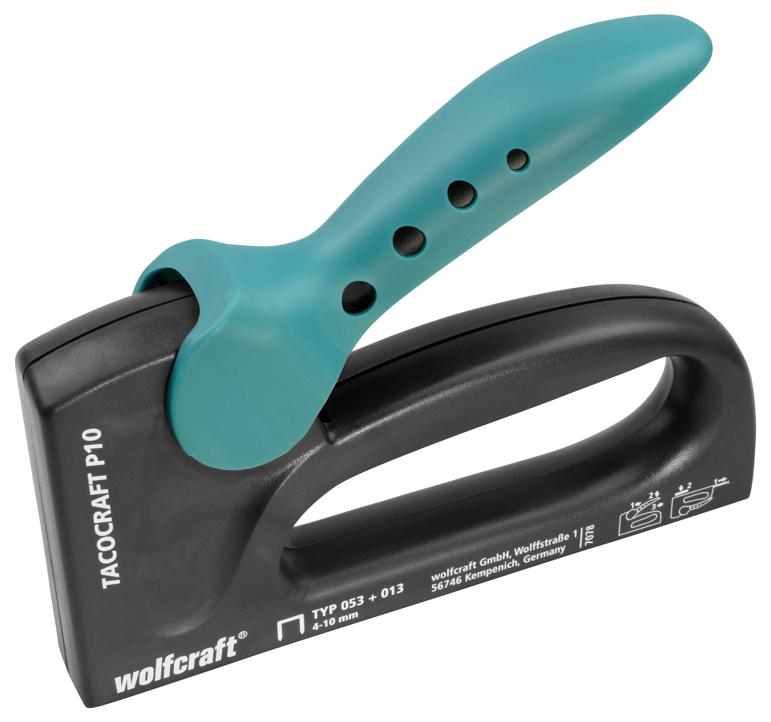 Hand stapler 'wolfcraft Tacocraft P10' with ergonomic, turquoise handle; suitable for Type 053 + 013 staples (4-10 mm).