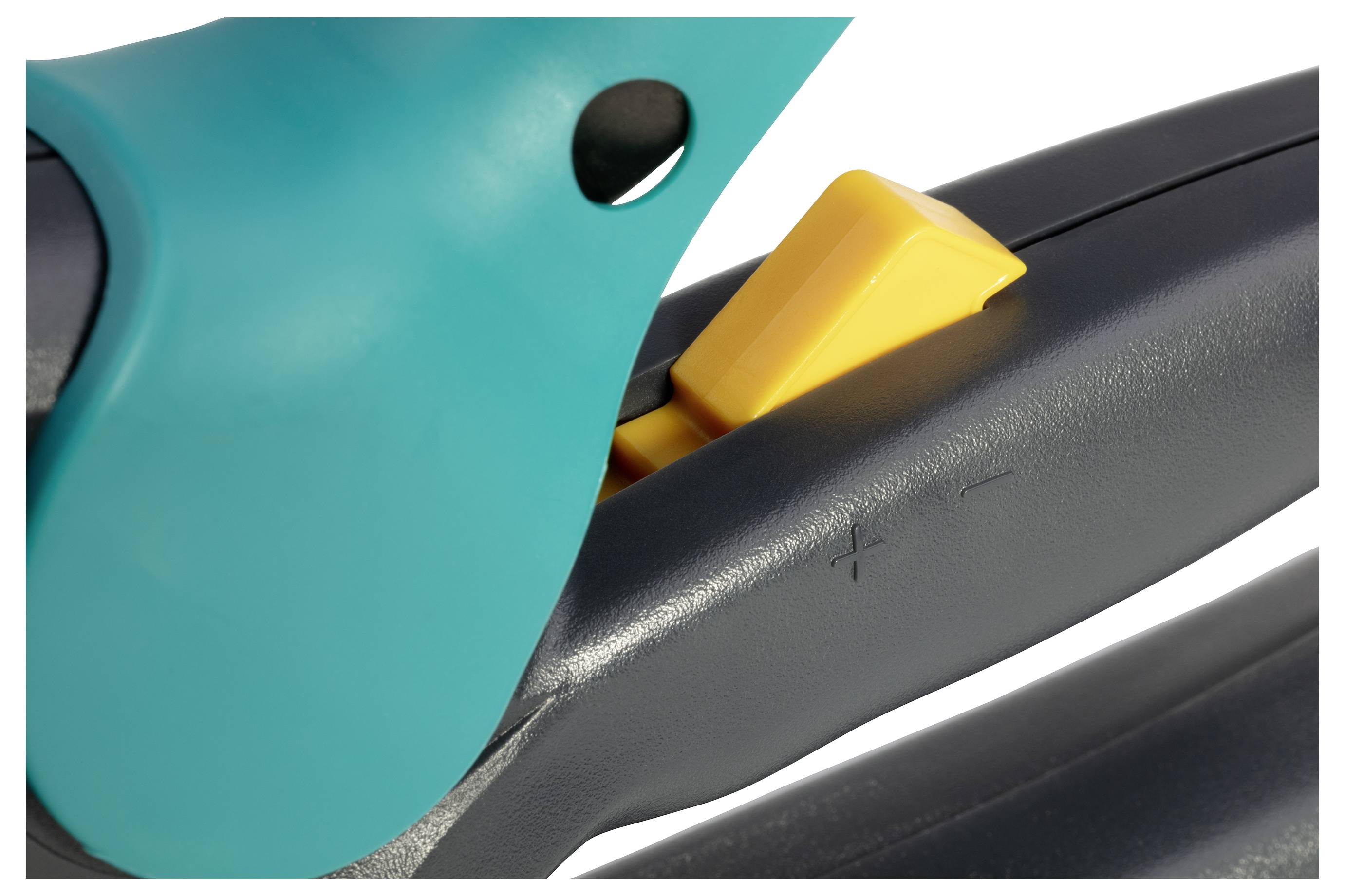 Close-up of a garden tool with a blue handle and yellow lever. The mechanism appears to be for operating the tool.