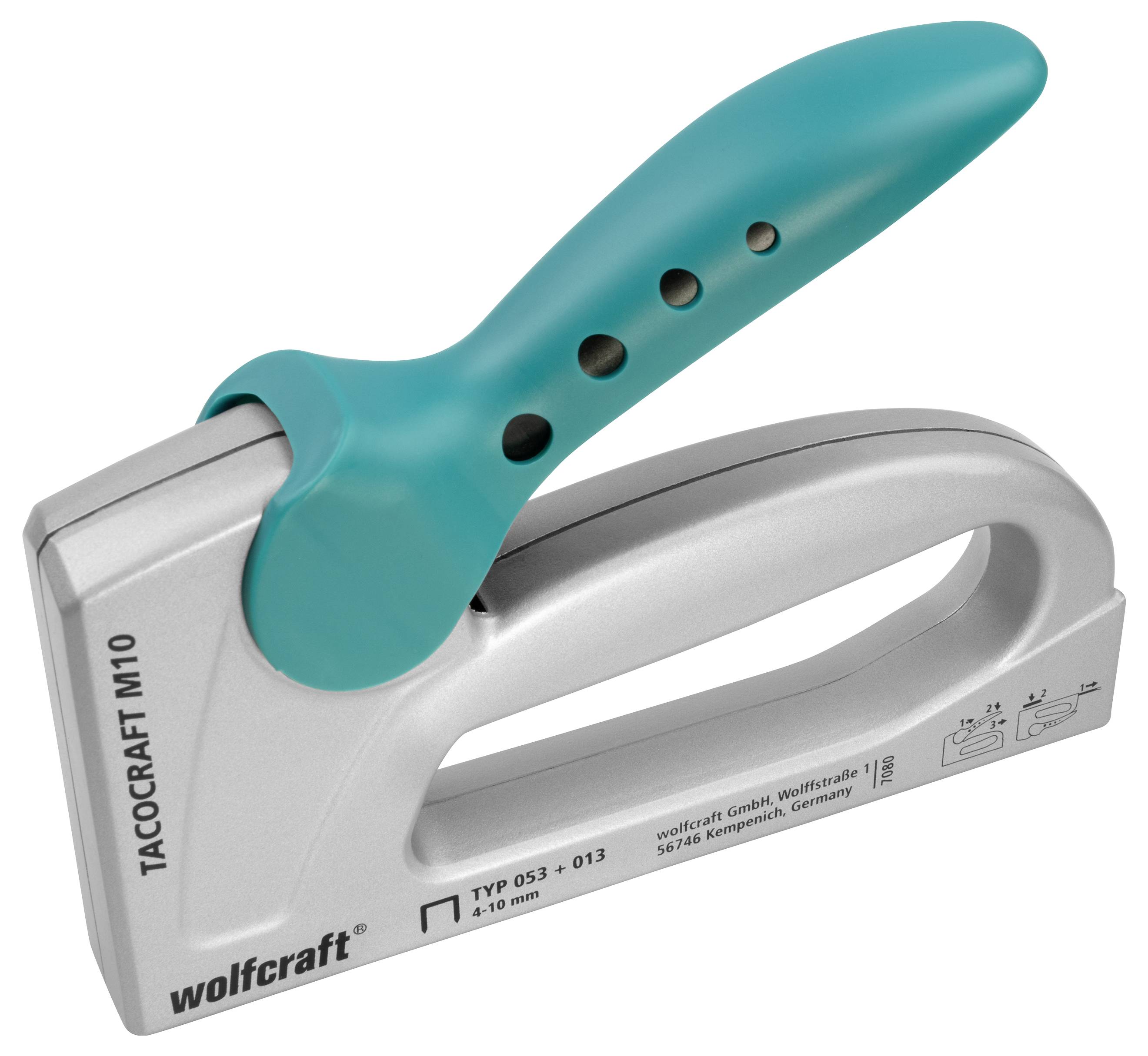 A silver staple gun with a green handle, suitable for using 4-10 mm staples, manufactured by Wolfcraft.