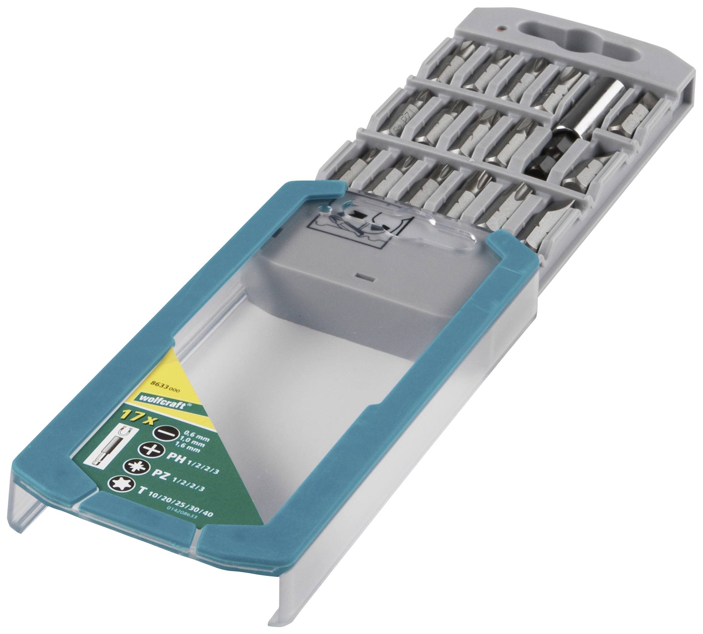 Set of 17 screwdriver bits in a grey and blue box, various types and sizes, suitable for diverse screw-driving tasks.