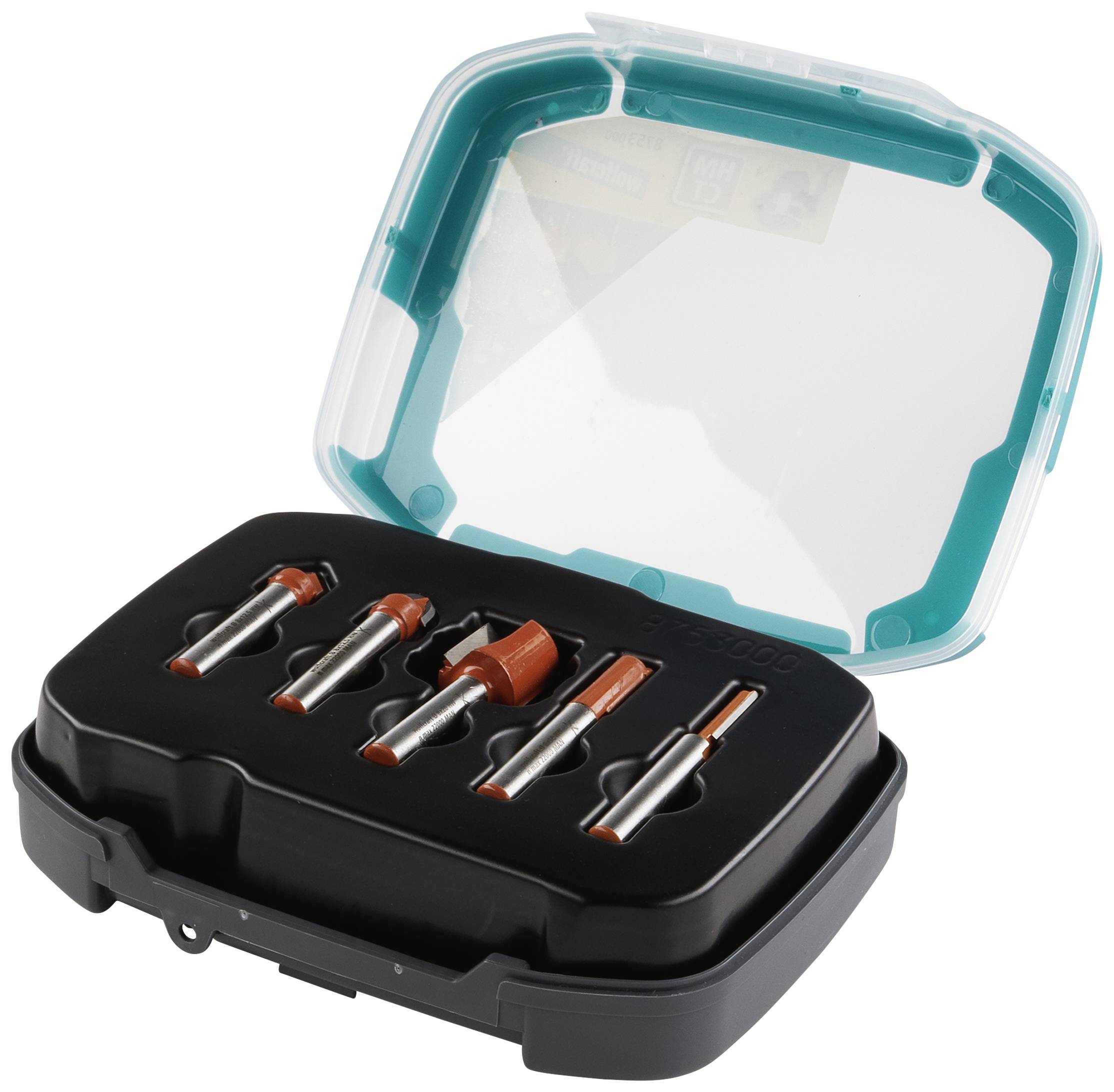 Set of five router cutters in an open plastic case.