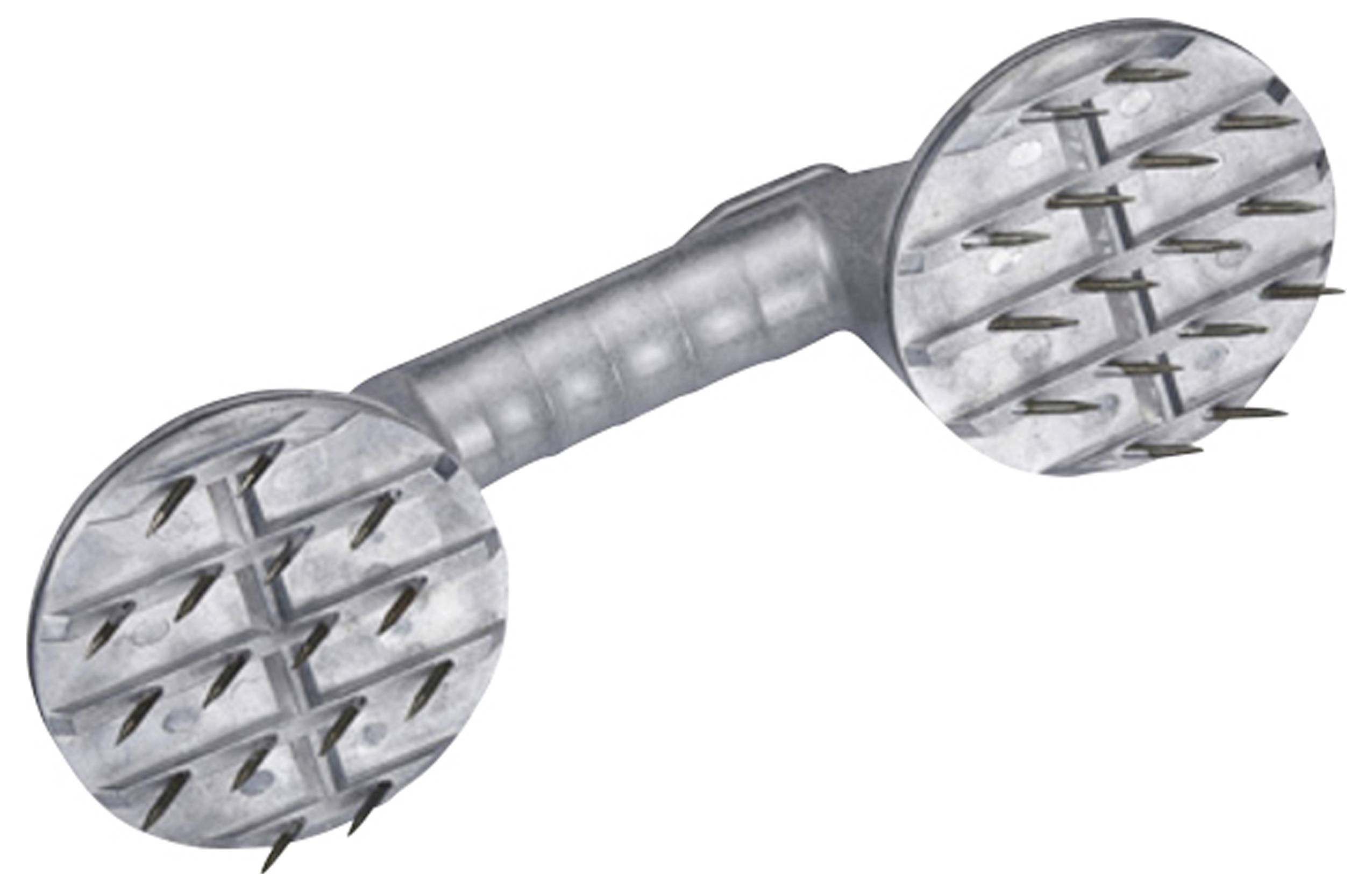 A metal dough docker with two spiked wheels attached to a handle for piercing dough evenly, often used in baking to prevent air bubbles.
