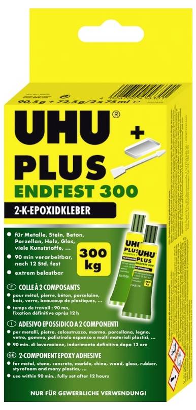 Cardboard packaging of UHU Plus Endfest 300, a two-component epoxy adhesive. Load-bearing up to 300 kg, suitable for metals and plastics.