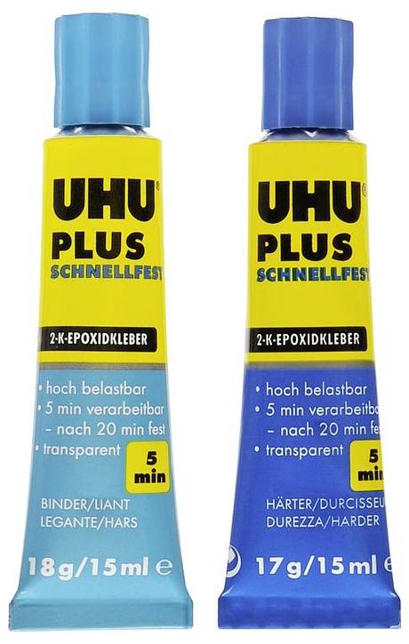 Two tubes of UHU Plus Rapid Araldite 2-Component Epoxy Adhesive. Left: Resin, 18g/15ml. Right: Hardener, 17g/15ml. Working time: 5 minutes.