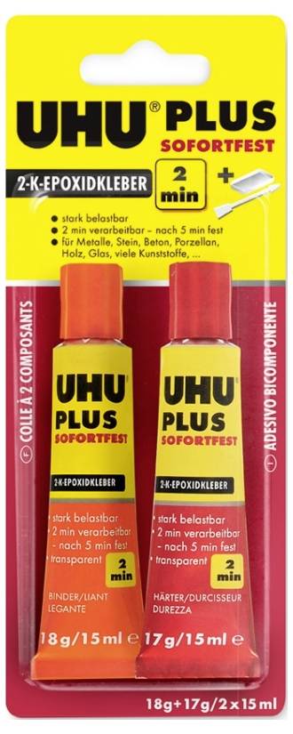 Pack of two tubes of UHU Plus Rapid Epoxy Adhesive, two-component, highly durable and sets in 2 minutes. Suitable for various materials.