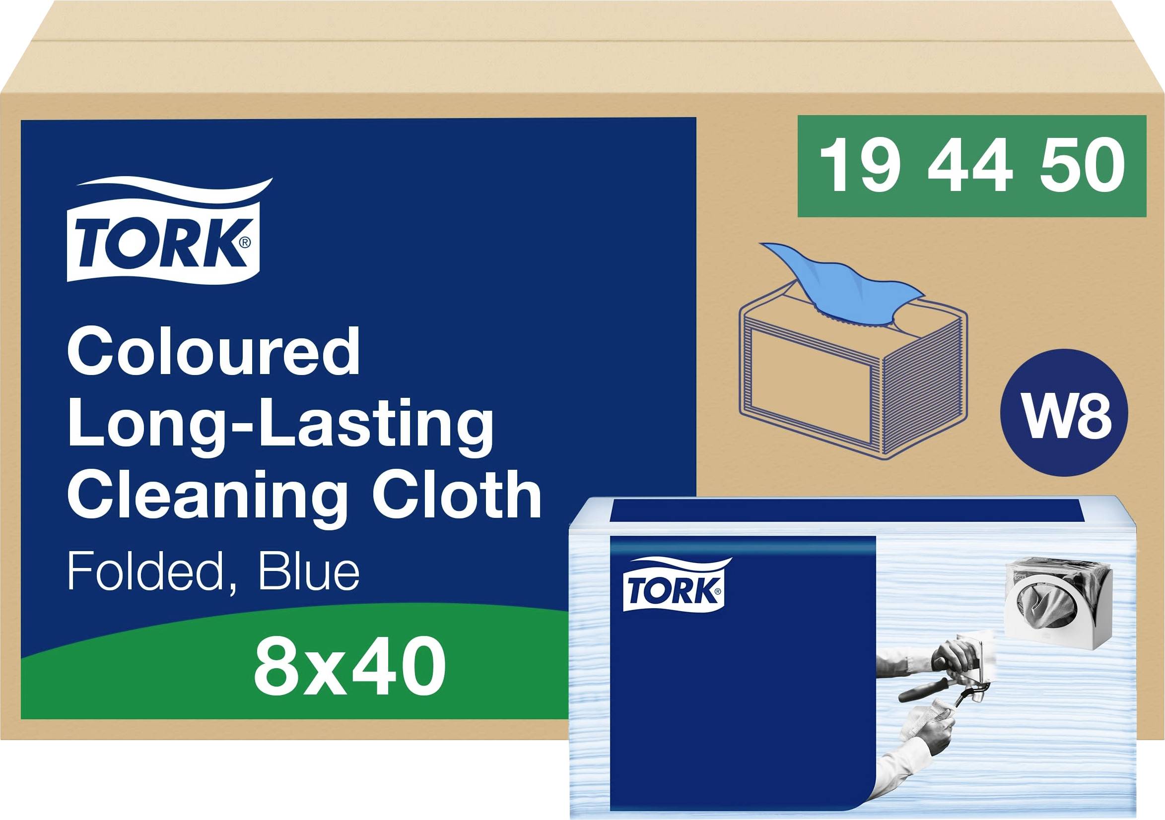 Verpackung mit blauen Reinigungstüchern. Aufschrift: 'Tork Coloured Long-Lasting Cleaning Cloth'. Größe: 8x40.