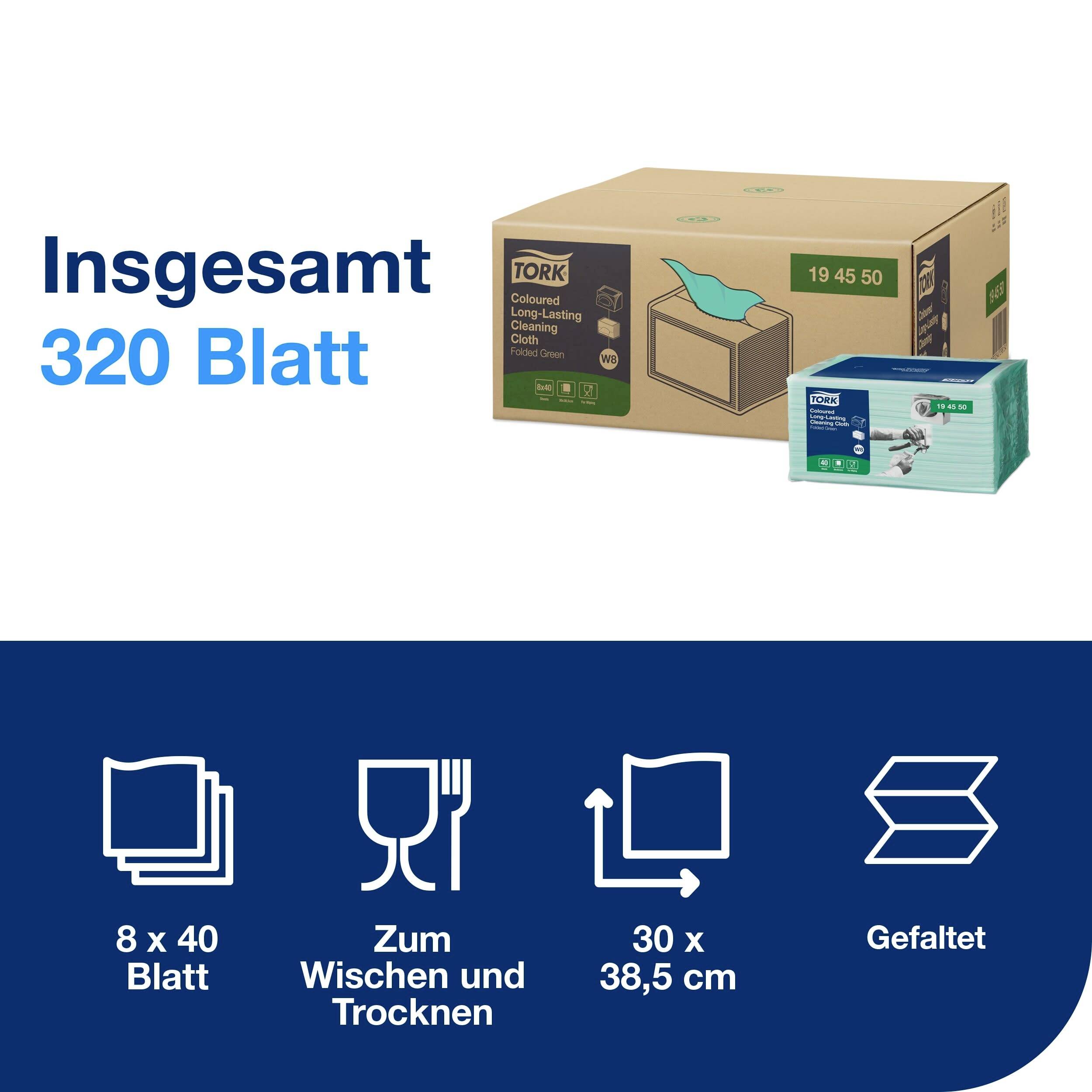 'Total of 320 sheets', shows a package of Tork Coloured Long-Lasting Clean Cloth. Suitable for wiping and drying. Dimensions: 30 x 38.5 cm, 8 packs with 40 sheets each.