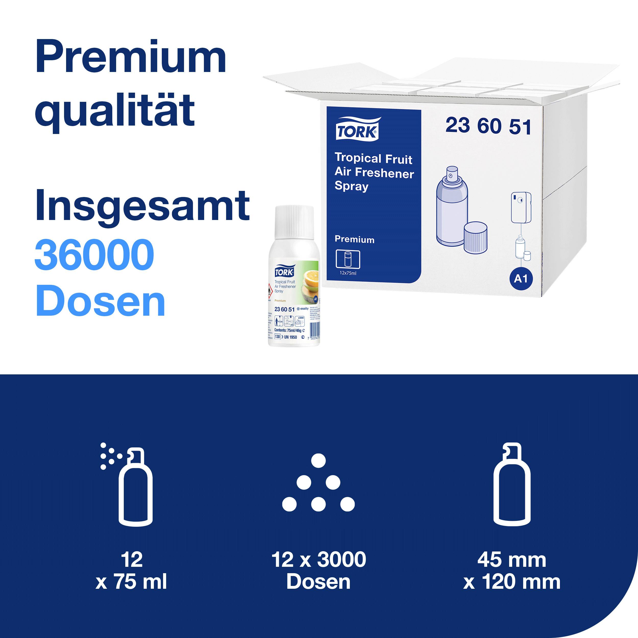 Premium Quality: Tork Tropical Fruit Air Freshener Spray, 36,000 cans in total. Details: 12 cans of 75 ml each, 12 x 3,000 cans, Dimensions 45 mm x 120 mm.