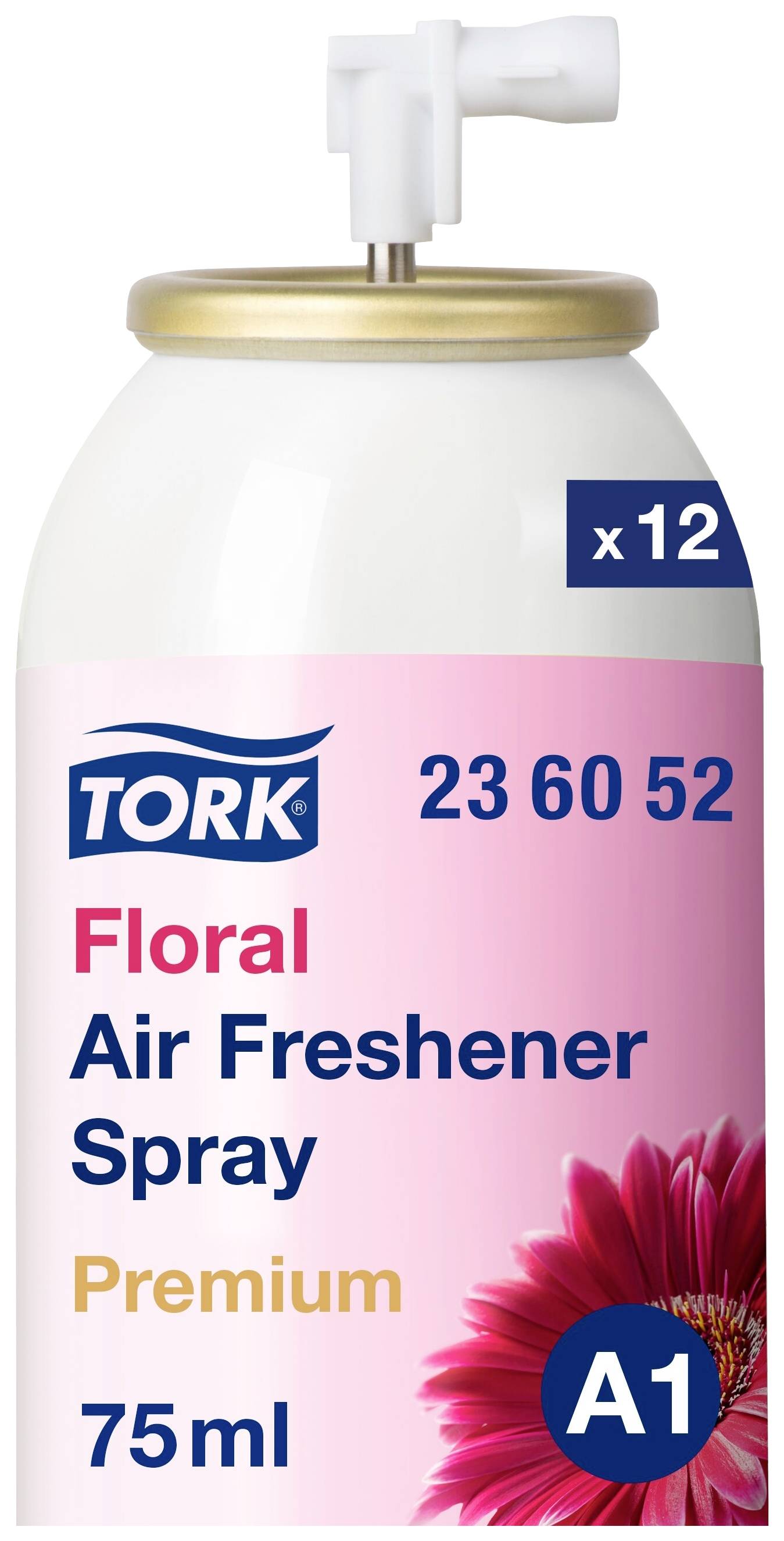 Air freshener spray by TORK, Floral fragrance, Premium, 75 ml. White container with pink label and flower.