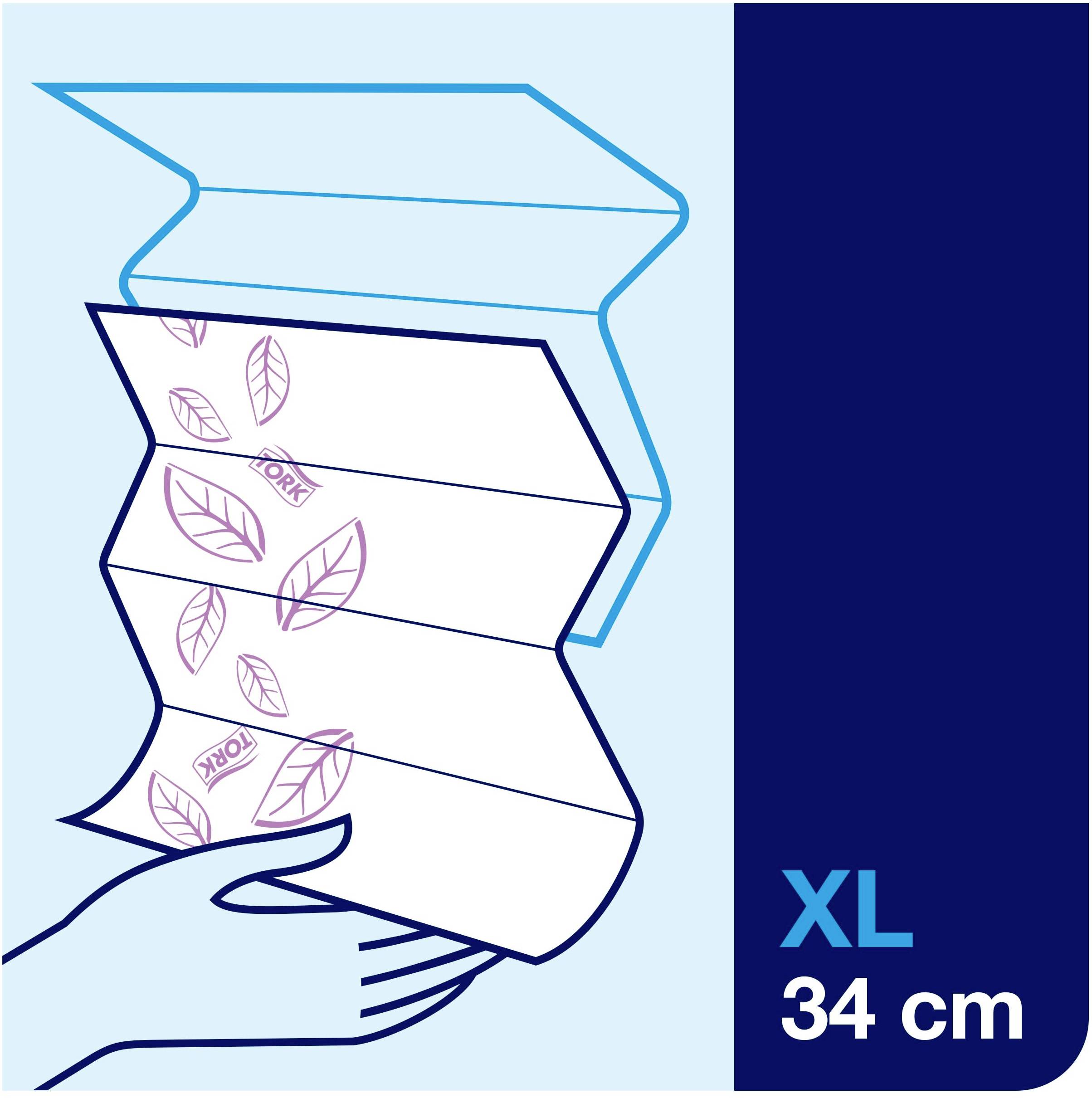 A hand holds a highly absorbent hygiene product with leaf patterns. XL size, 34 cm long, displayed against a blue background.