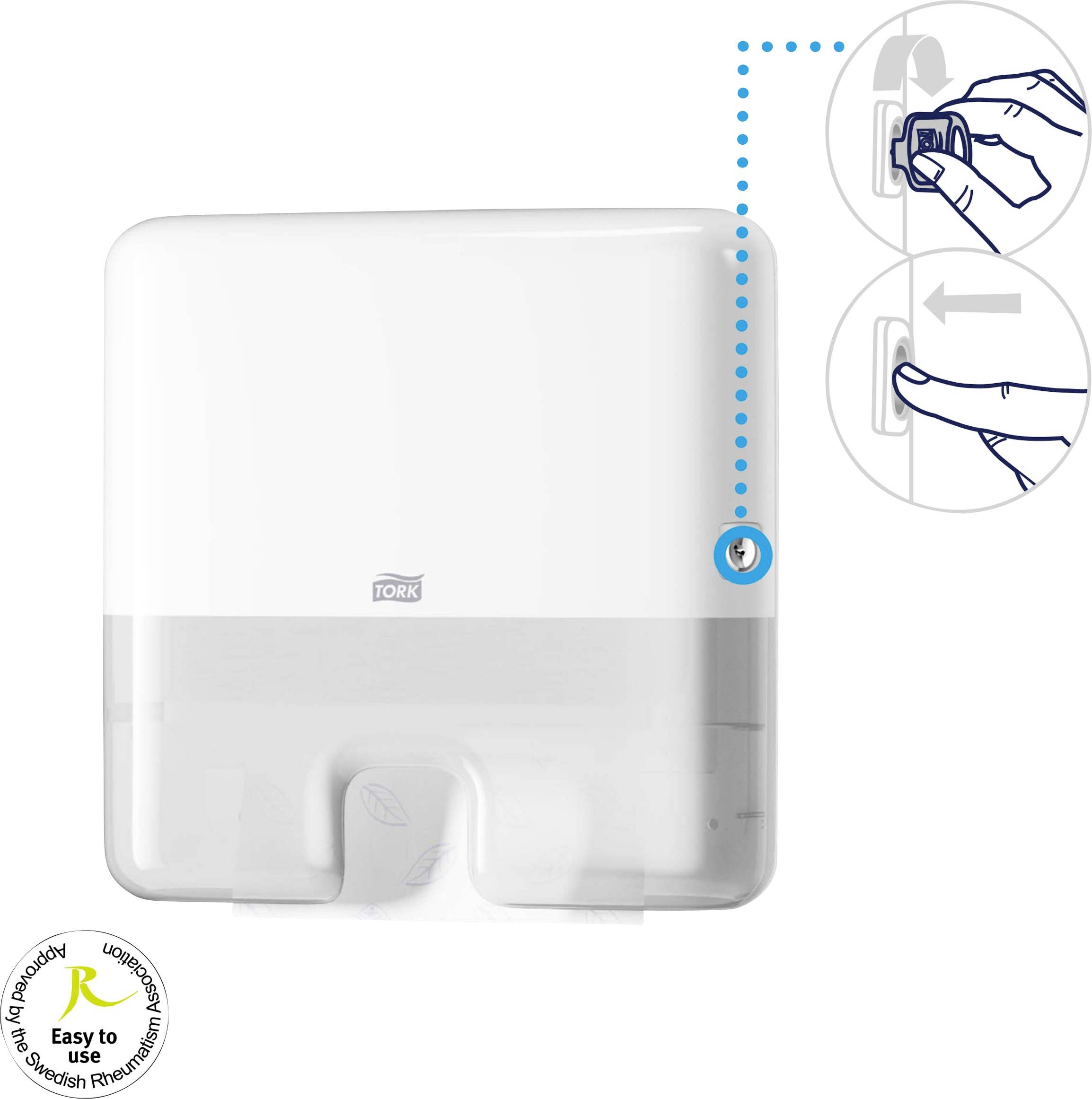 A white Tork paper towel dispenser with a viewing window and lock, illustrated with instructions for opening. Underneath is an 