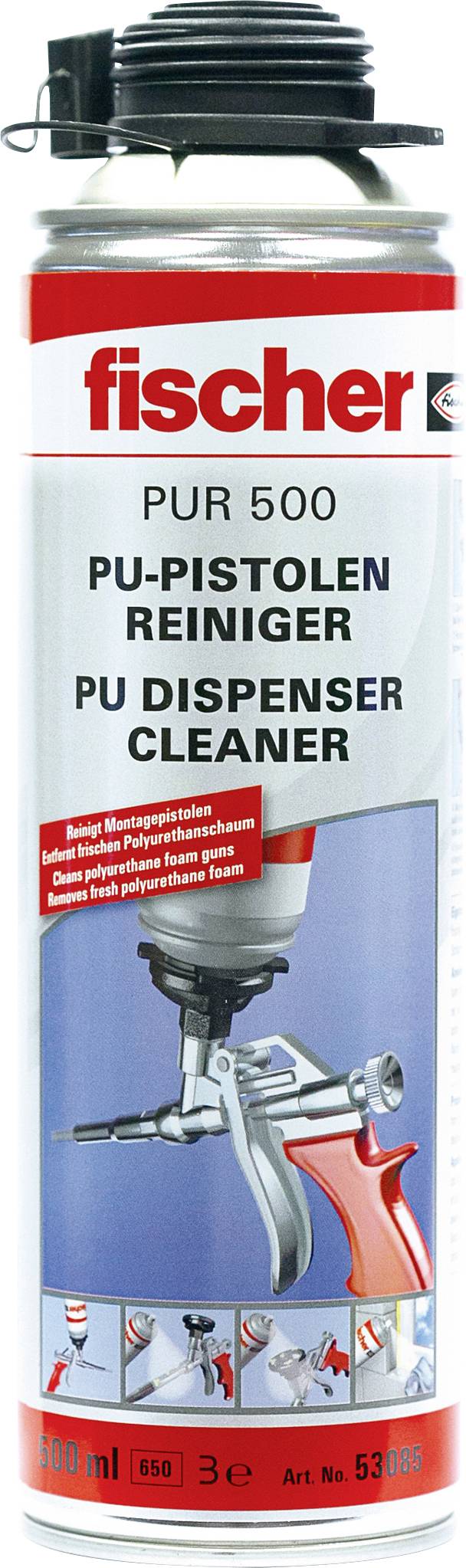 'Dose Fischer PUR 500 PU Spray Gun Cleaner' shows an aerosol can of a cleaner for polyurethane foam guns.