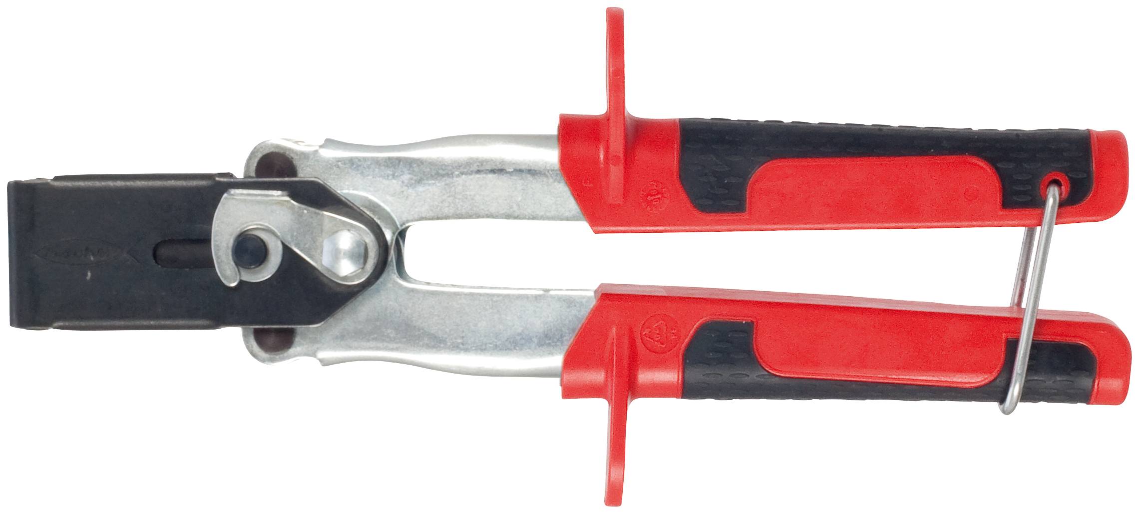 A red and black pliers for removing wheel nut covers. It has a metal body and non-slip handles.