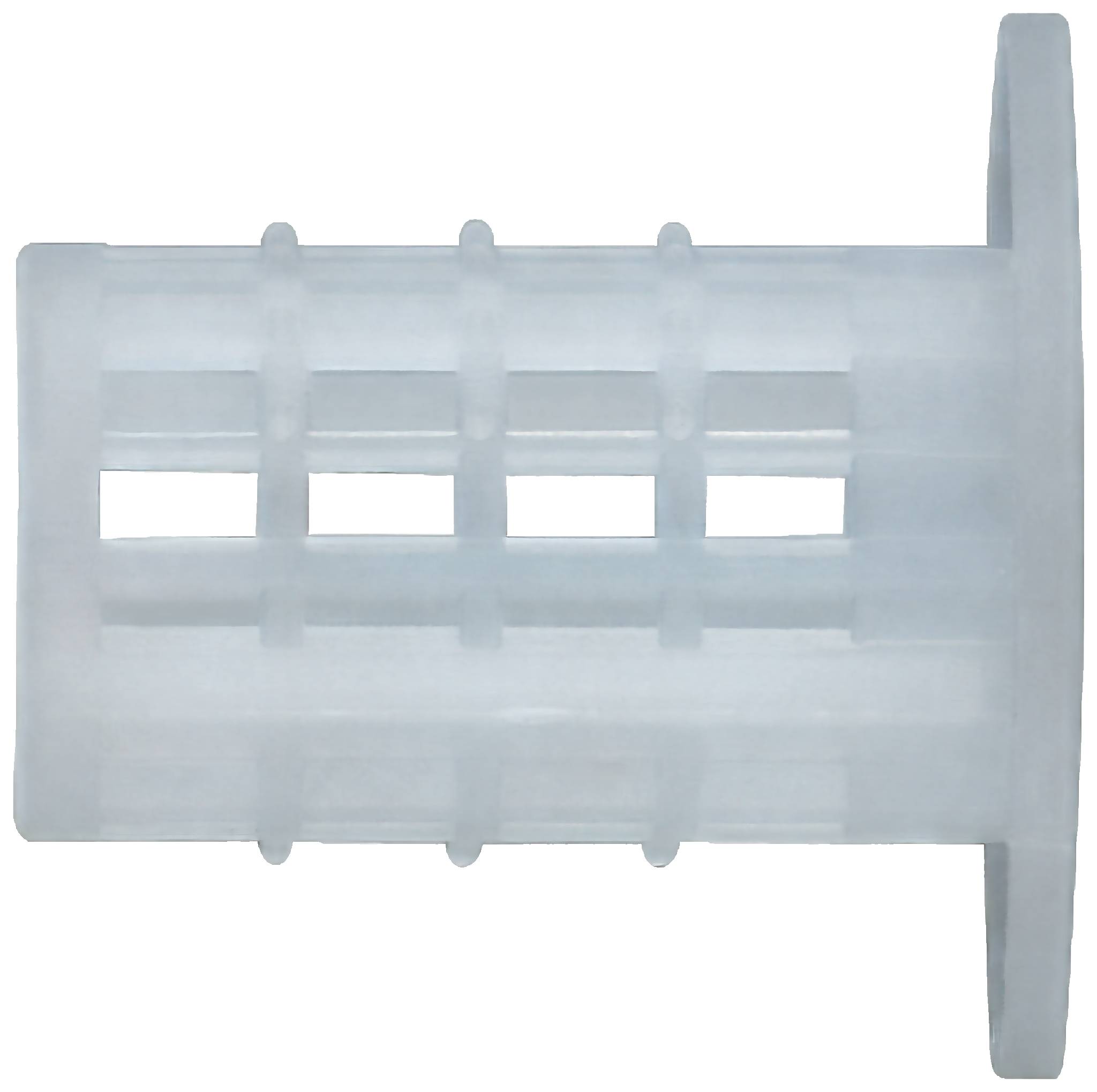 Translucent plastic electrical connector housing with four rectangular openings and side tabs, shown on a white background.