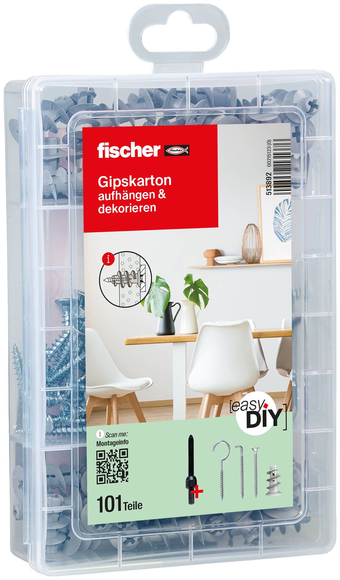 'Fischer Plasterboard' Set, 101 pieces, for fixing and decoration. Packaging shows application with image of dining room.