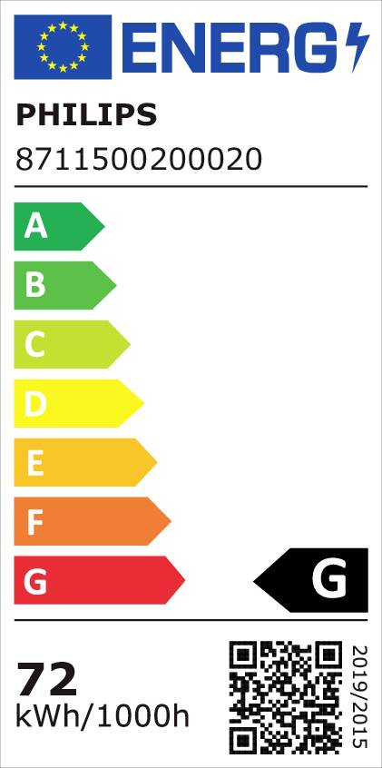 EU Energy Label for a light bulb 'PHILIPS 8711500200020' with Energy Efficiency Class G and Energy Consumption 72 kWh/1000h.