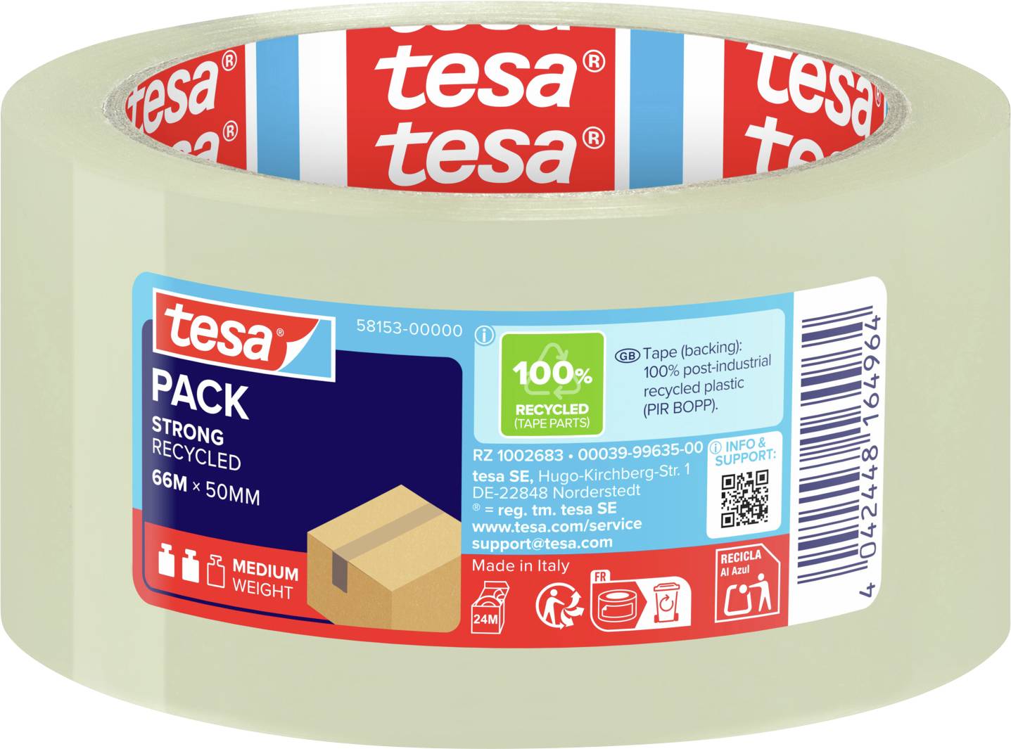 'Tesa Pack Recycled' clear packing tape with a cardboard box icon, 66m x 50mm, 100% recycled backing and inner core, medium weight.