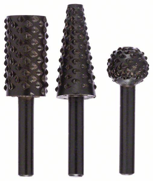 Three metal milling cutters with differently shaped heads: cylindrical, conical and spherical, all with fluted surfaces.