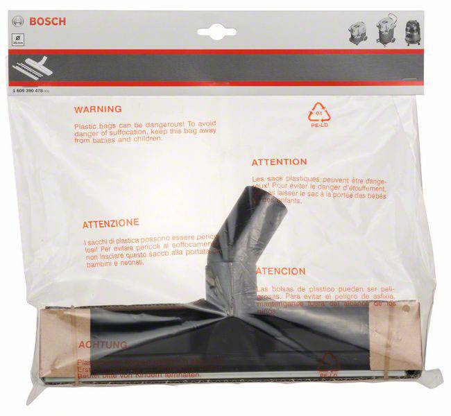 A Bosch nozzle in a transparent packaging with a warning notice: Plastic bag can be dangerous, risk of suffocation.