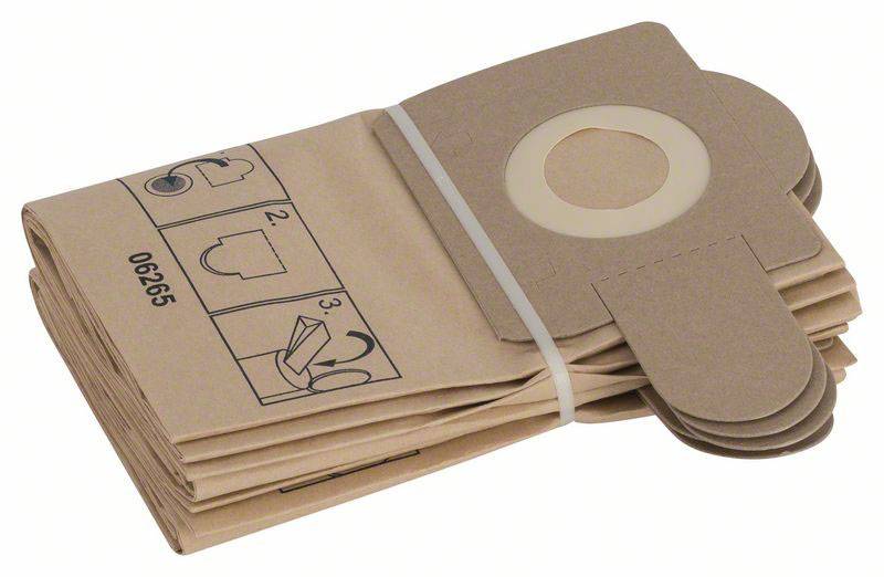 Vacuum cleaner bags made of brown paper, with a round hole for attachment. Diagram with assembly steps printed on the surface.