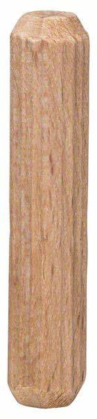 A small, hexagonal wooden dowel that could be used as a replacement part for furniture.